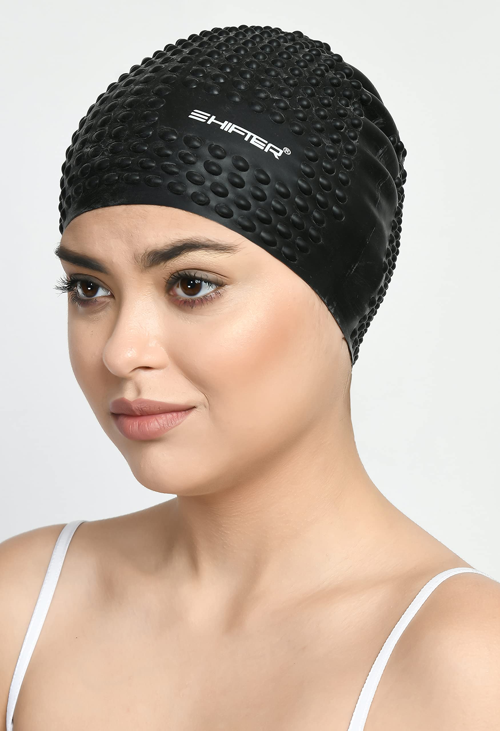 SHIFTER Latest Designed Long Hair Silicone Swim Cap, Keeps Hair Clean with Ear Protector,Waterproof Silicone Swimming Cap for Adult Woman and Men,Swimming Bubble Dotted Cap Extra Stretch (Black)-image-29