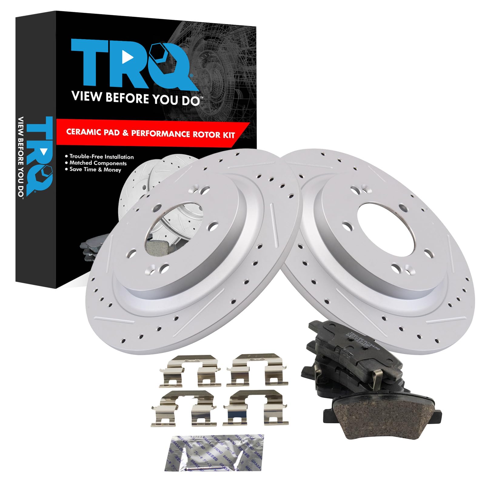 TRQ Performance Rear Brake Pad and Rotor Set Ceramic Drilled Slotted G Coated Rotors Compatible with 2018-2020 Hyundai Elantra GT 2016-2019 Sonata 2016-2020 Kia Optima 2016-2019 Soul EV