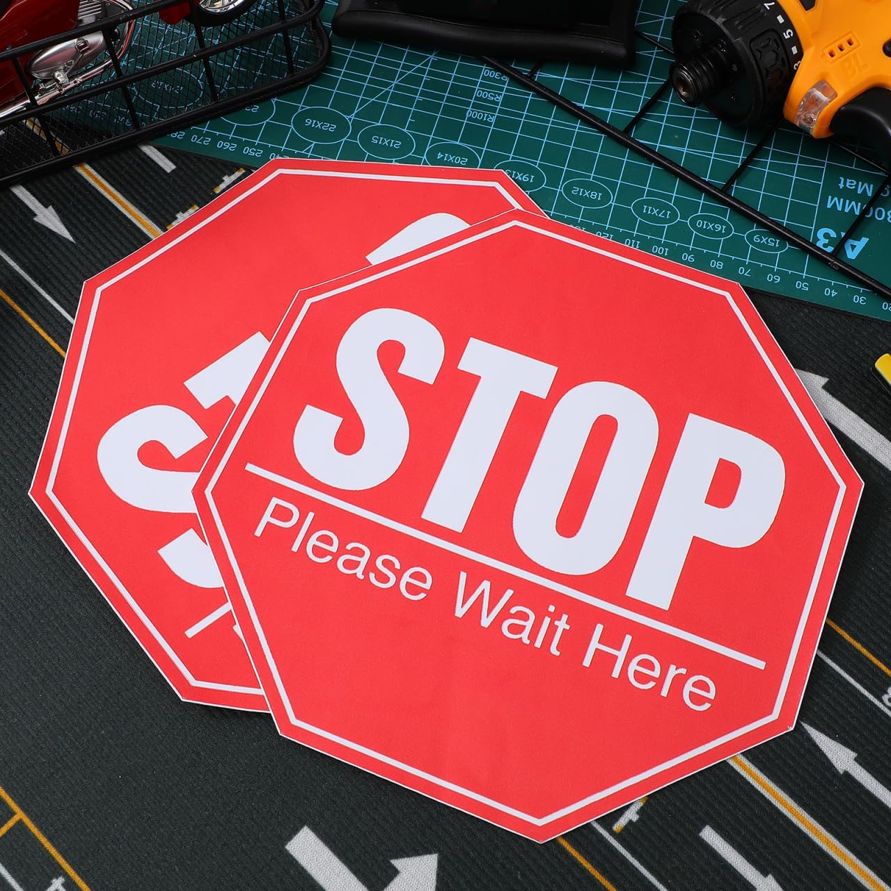 Toddmomy 5 Pack 8" Stop Sign Floor Stickers, Social Distancing Please Wait Here Decals, Anti-Slip Waterproof PVC Sign for School, Hospital & Retail Store Queue Management