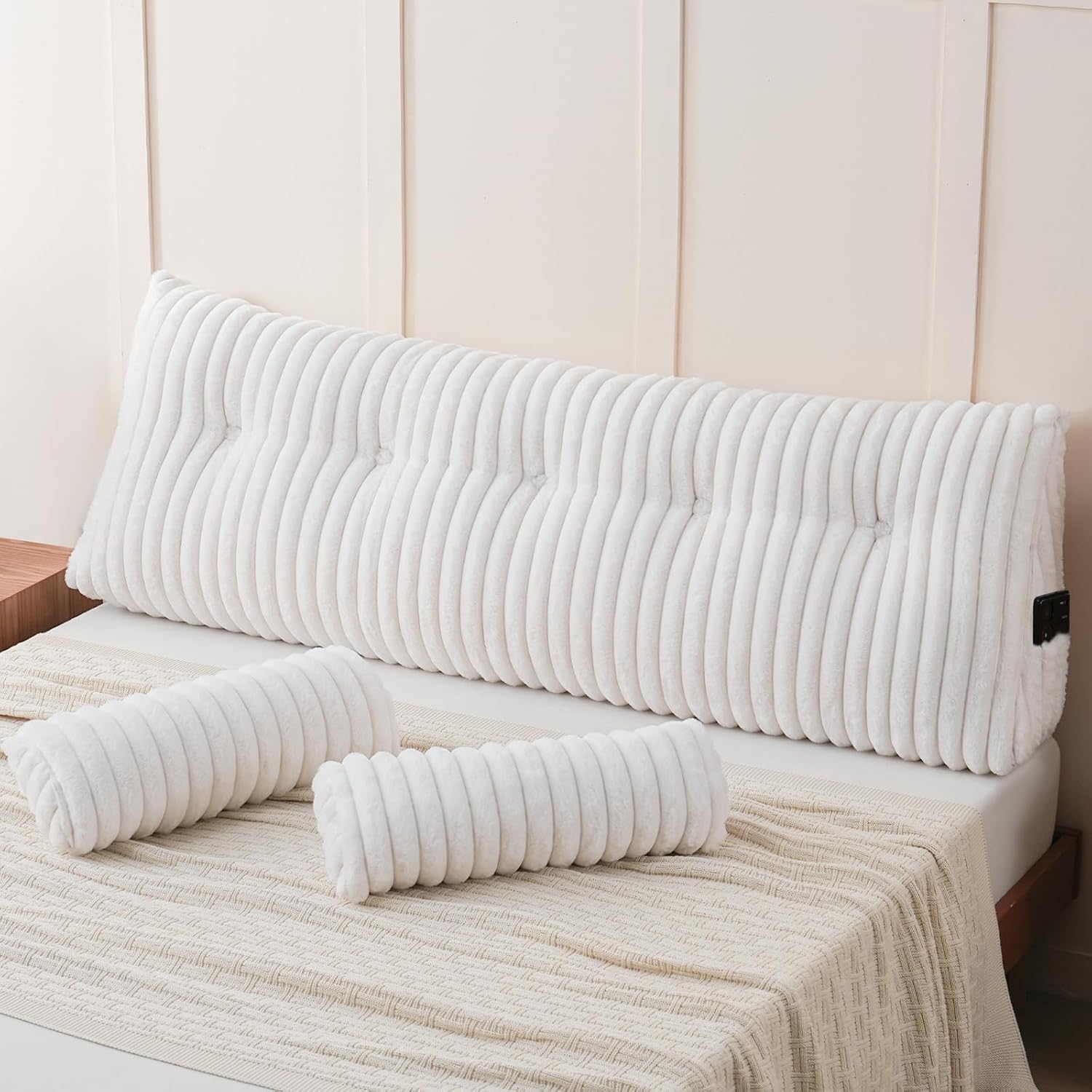 YOUR MOON Large Wedge Headboard Pillow Queen for Back with 2 Roll Pillows, Triangular Wedge Reading Pillows Headboard for Bed Sitting Up Sleeping, Backrest Cushion with Shredded Memory Foam, White