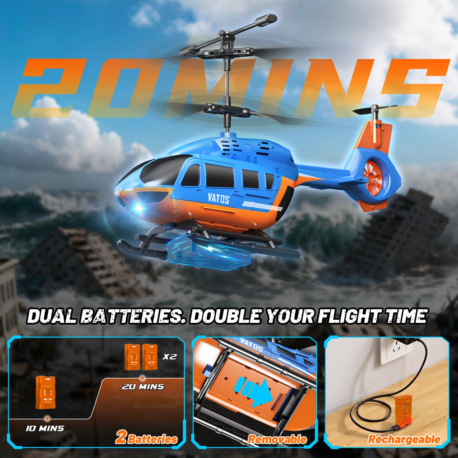 VATOS Helicóptero Teledirigido 2.4G con LED, Fácil de Volar, con Función de Mantenimiento de Altitud, Despegue con un Solo Botón y Aviso de Batería Baja. Ideal para Niños a Partir de 10 Años