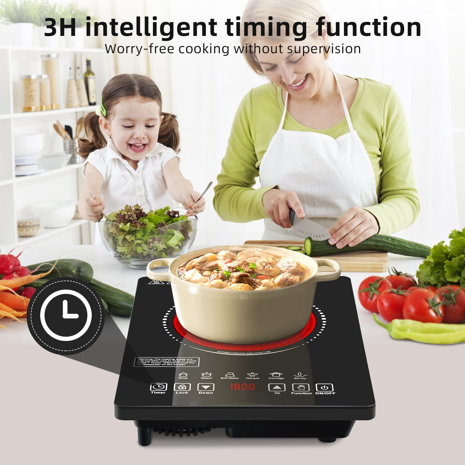 Wesonorous Single Burner Electric Cooktop,110V 1800W Electric Stove Top with LED Touch Control,9 Power Levels, 3 hTimer, Safety Lock,single burner cooktop Overheat protection view 8