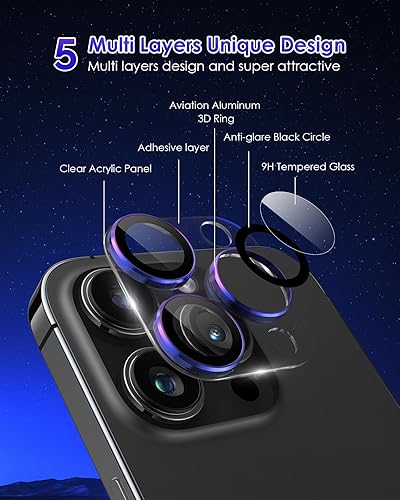 Miniatura 67 de Protector de lente de cámara compatible con iPhone 15 Pro/iPhone 15 Pro Max [metal de cobertura completa] Pantalla de vidrio templado 9H, cubierta