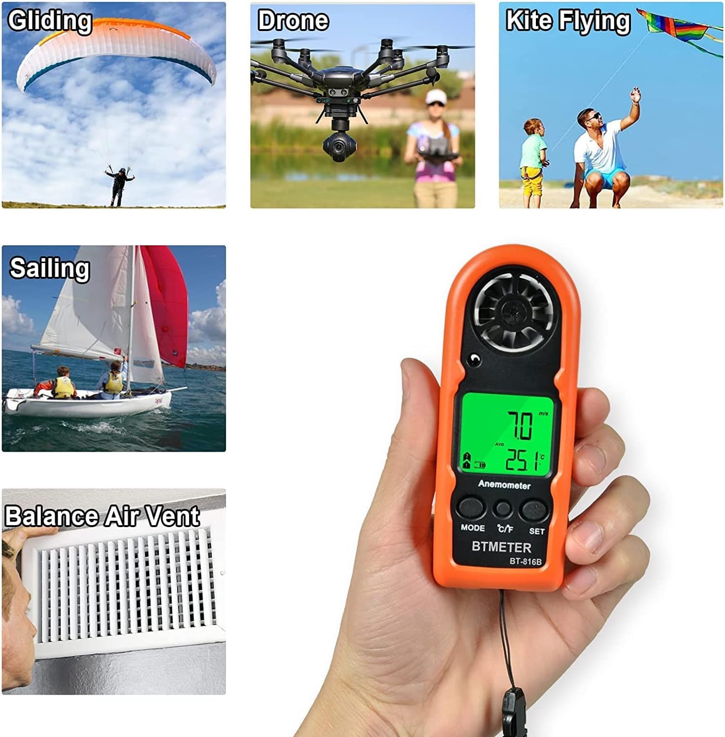 Collage of images demonstrating various uses for the BTMETER BT-816B Anemometer, including gliding, drone operation, kite flying, sailing, and HVAC air vent balancing.