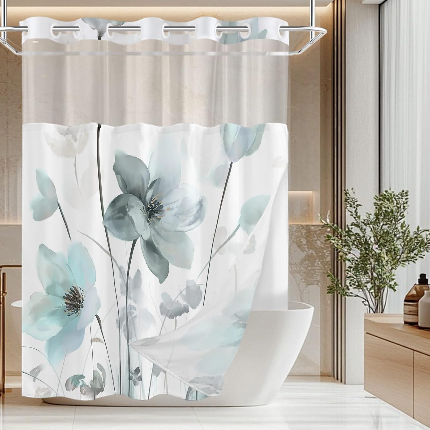 No Hook Shower Curtain and Liner Set, Teal Boho Floral Shower Curtains for Bathroom, Watercolor Flower Waterproof Bathroom Curtain Sets with Snap in Liner, 71x74 Inch