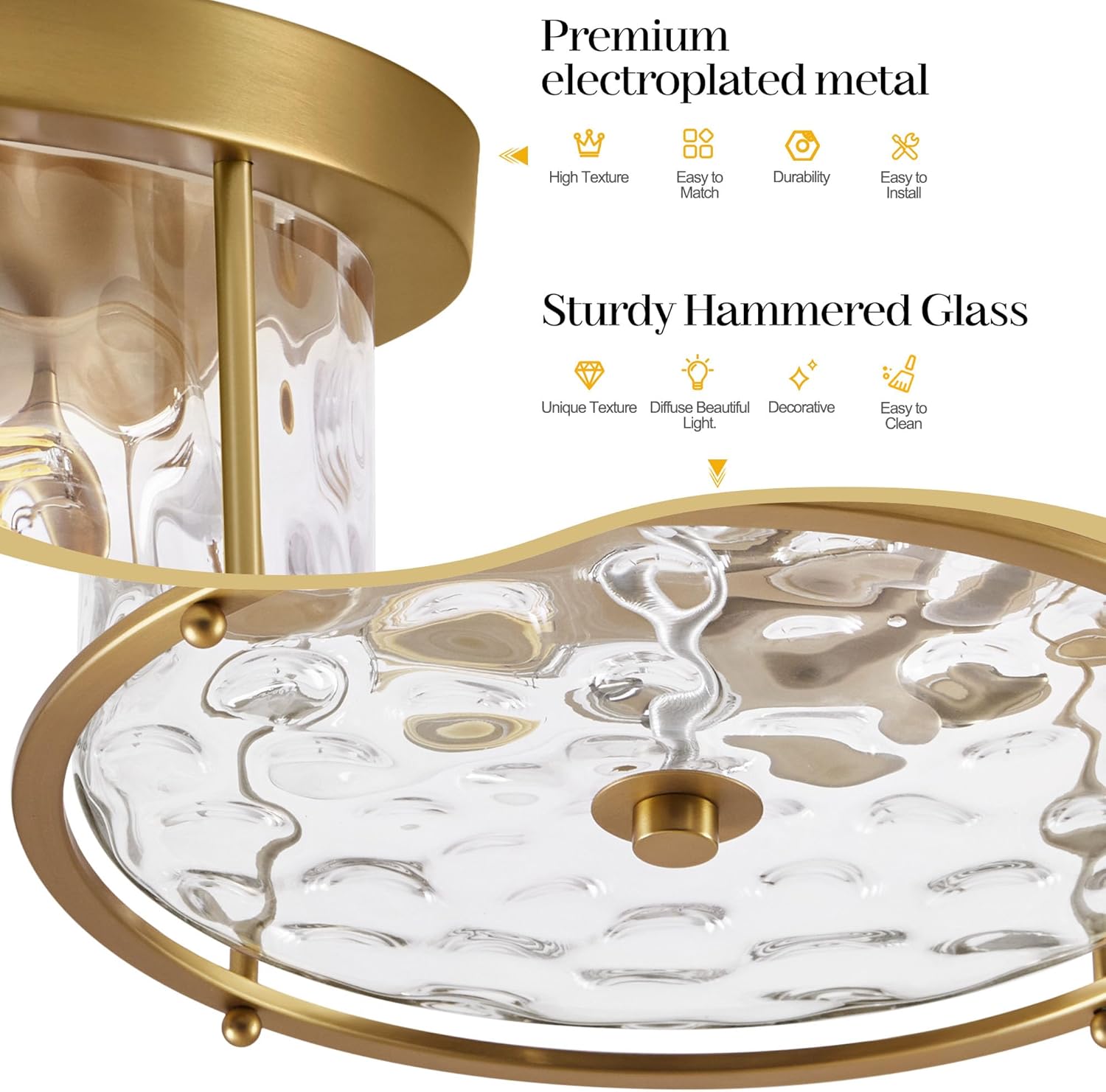 LamQee Flush Mount Ceiling Light with Clear Hammered Glass, Industrial 2-Lights Farmhouse Close to Ceiling Light Fixtures Round Low Profile Lights for Kitchen Hallway Foyer Entrance Bedroom Gold