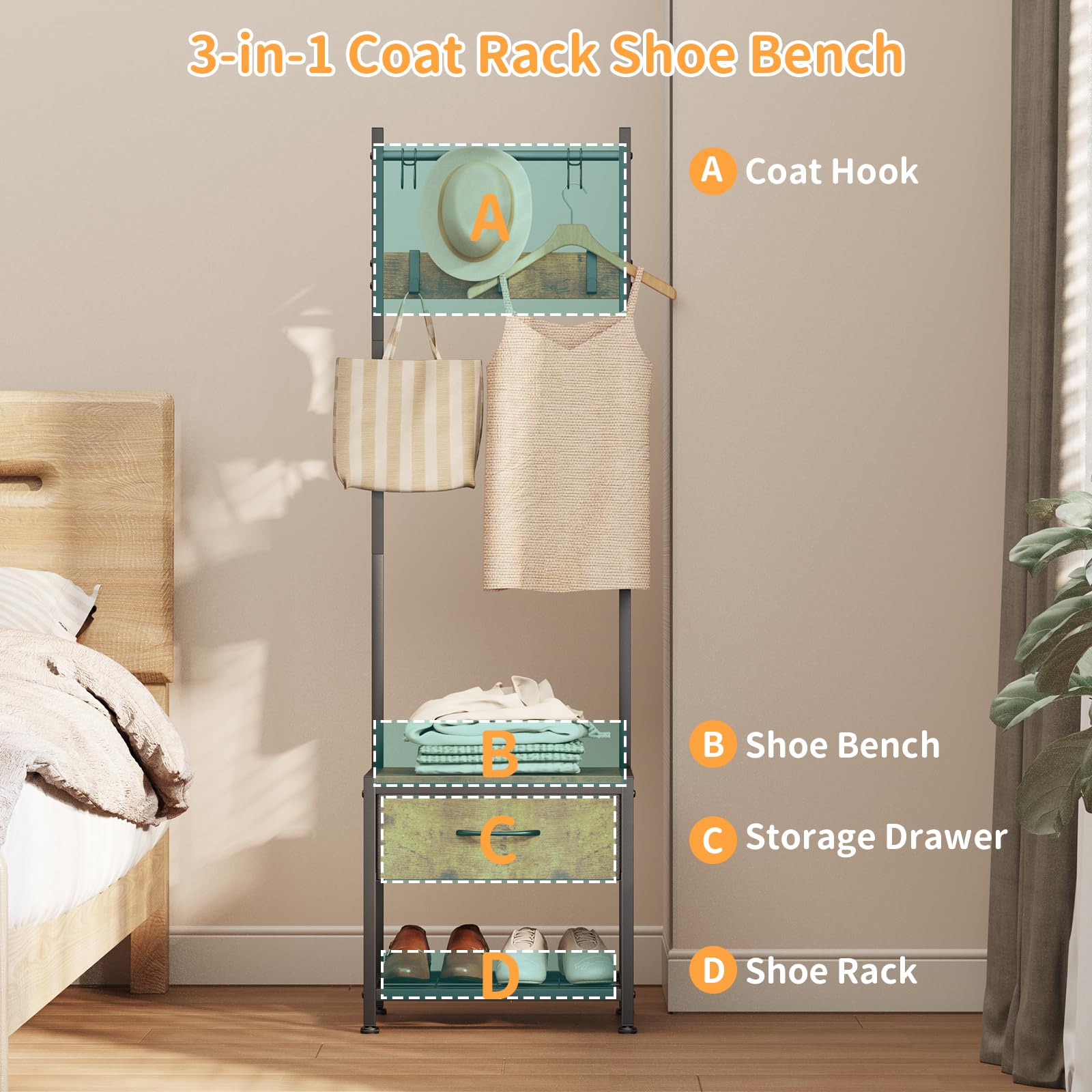Leader Accesorios Perchero de Suelo Con Zapatero 3 en 1, Estable Con Ganchos Extraíbles para Ahorrar Espacio en el Pasillo y el Dormitorio - Marrón Rústico