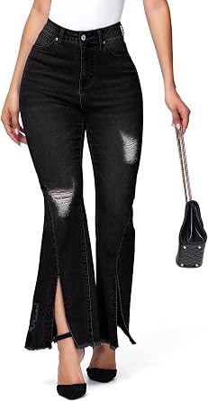 Womens Ripped Jeans High Waisted Hip Lift Flared Jeans Stretchy Wide Leg Destroyed Denim Split Hem Pants