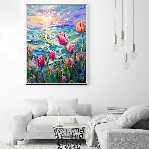 Miniatura 4 de Zariocy Kits de pintura de diamantes 5D, tulipanes, pintura de bricolaje con arte de diamantes, flores de mar, taladro completo, redondo, pintura de