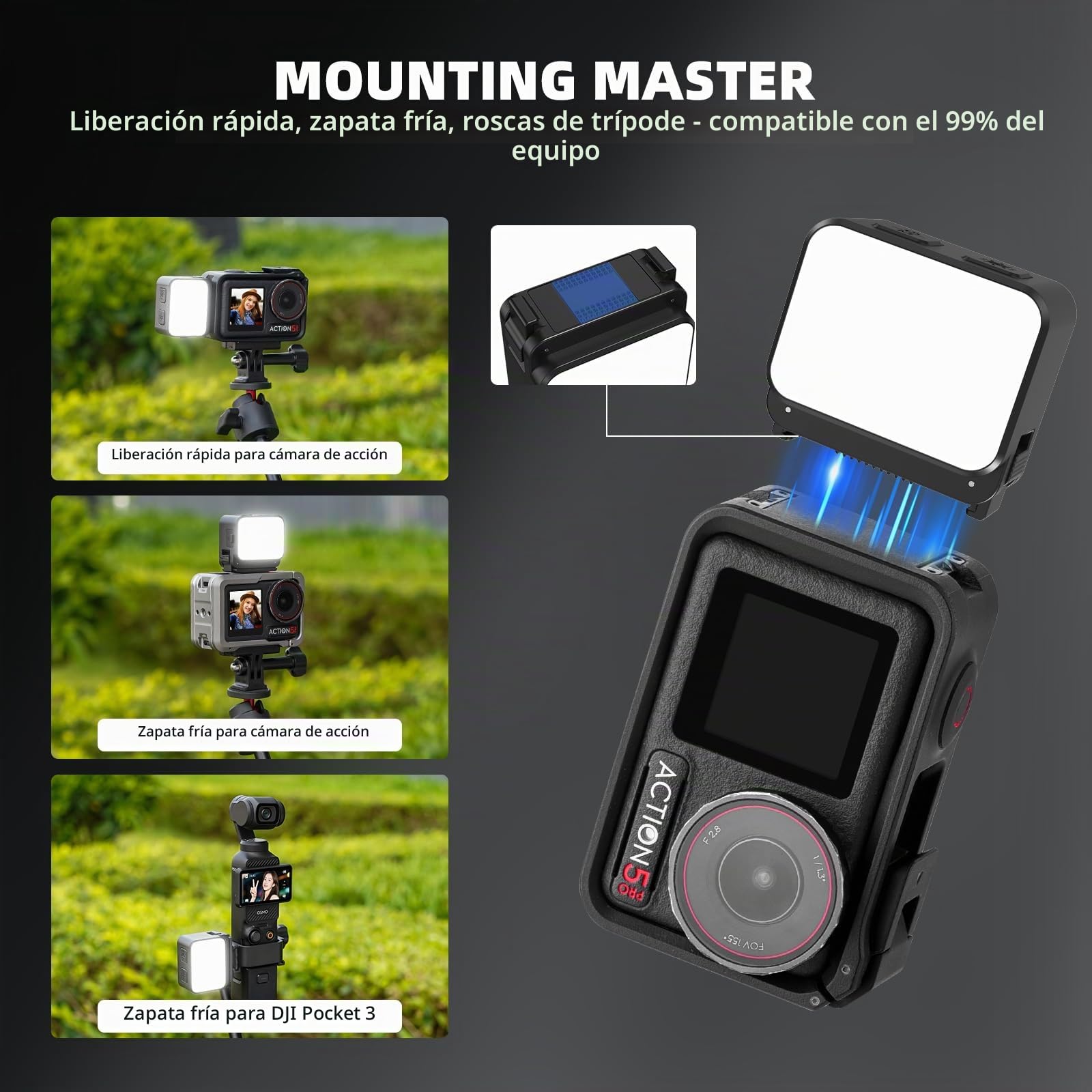 Mini luz para cámara de acción DJI, iluminación de 3 rellenos, zapata fría y caliente, accesorio de luz LED para DJI OSMO Pocket 3 Action 5 Pro 4 3, para accesorios GoPro