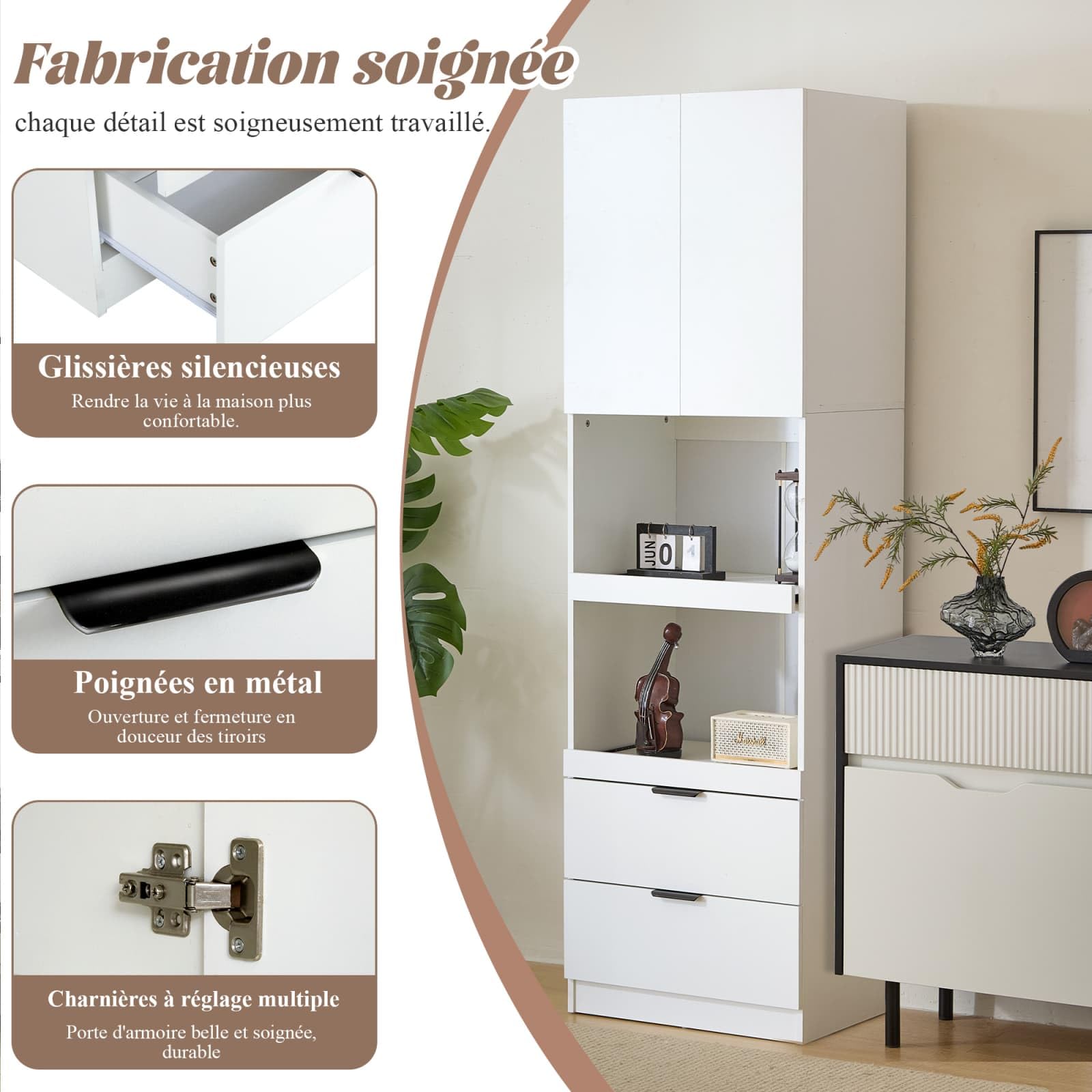 KOMHTOM Buffet de Salle à Manger Blanc de 200 cm de Haut Meuble de Cuisine, Buffet Salon avec 2 Portes et 2 tiroirs Meubles de Rangement pour Salon Salle à Manger Cuisine (B)