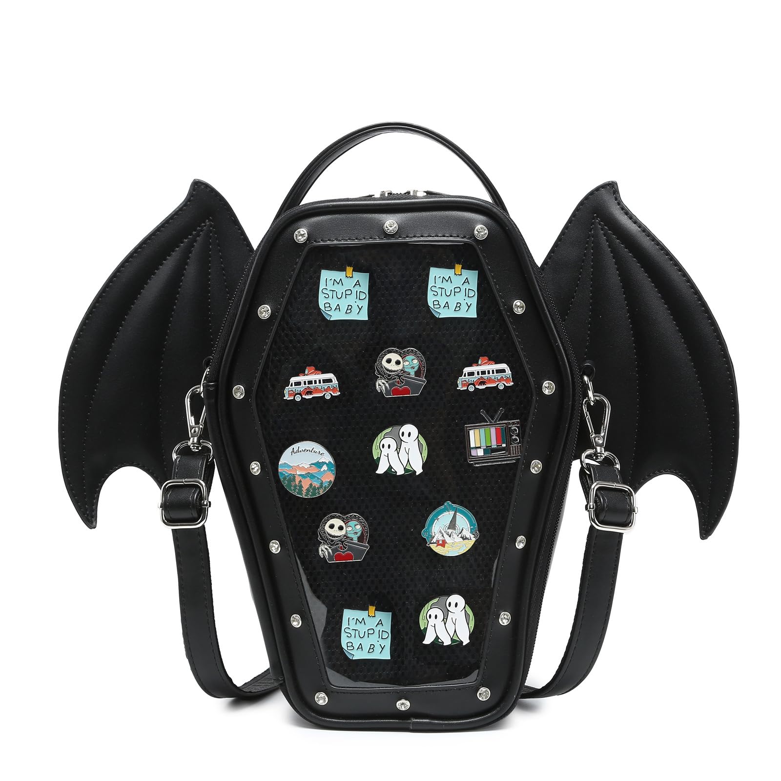 CHERRY SAUCE Gothic Coffin Shape Fashion Ita Bag Backpack Halloween Shoulder Bag, Detachable wings Purses Handbags