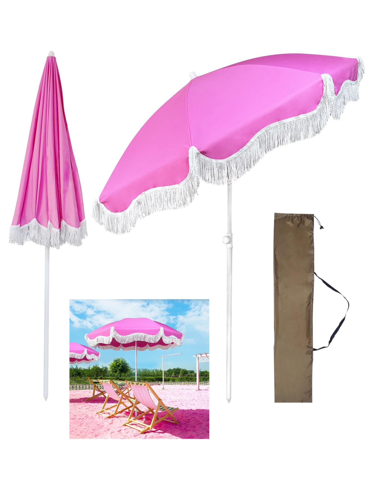 Ombrellone da spiaggia portatile Boho da 1,8 m, antivento, rosa, inclinabile, parasole da patio con 8 stecche e palo in ferro, leggero per esterni, piante