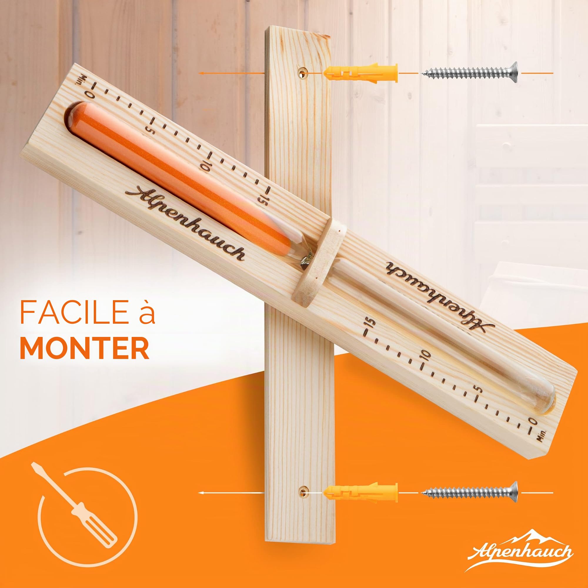 ALPENHAUCH Sablier pour sauna 15 minutes en bois 100 % naturel - Horloge de sauna élégante avec sable fin - Horloge de sauna robuste avec verre de sécurité - Horloge de sauna rotative à 360° - Avec