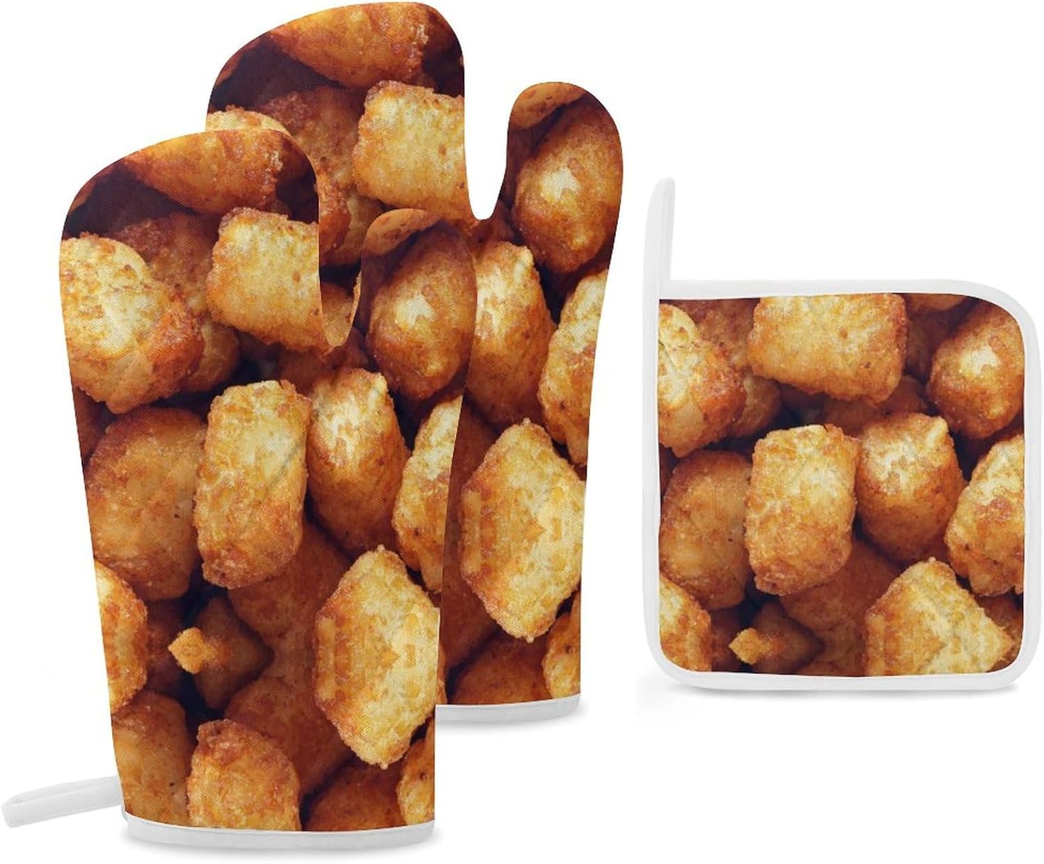 Tater TOT Print Oven Mitts and Pot Holders 3 Piece Sets Heat Resistant Gloves Hot Pads Potholders for Kitchen Baking Cooking