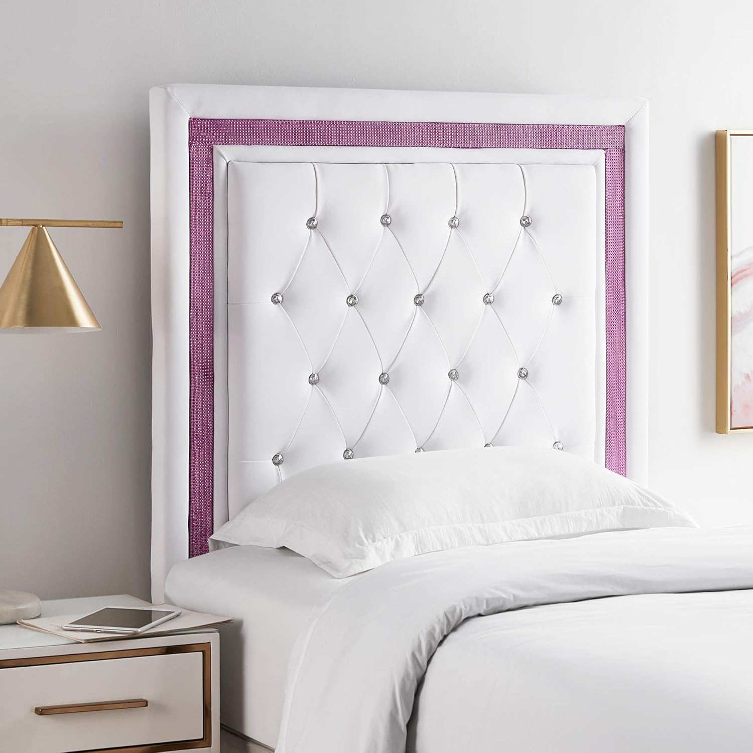 Tavira Allure College Dorm Headboard - White with Purple Crystal Border - with Legs