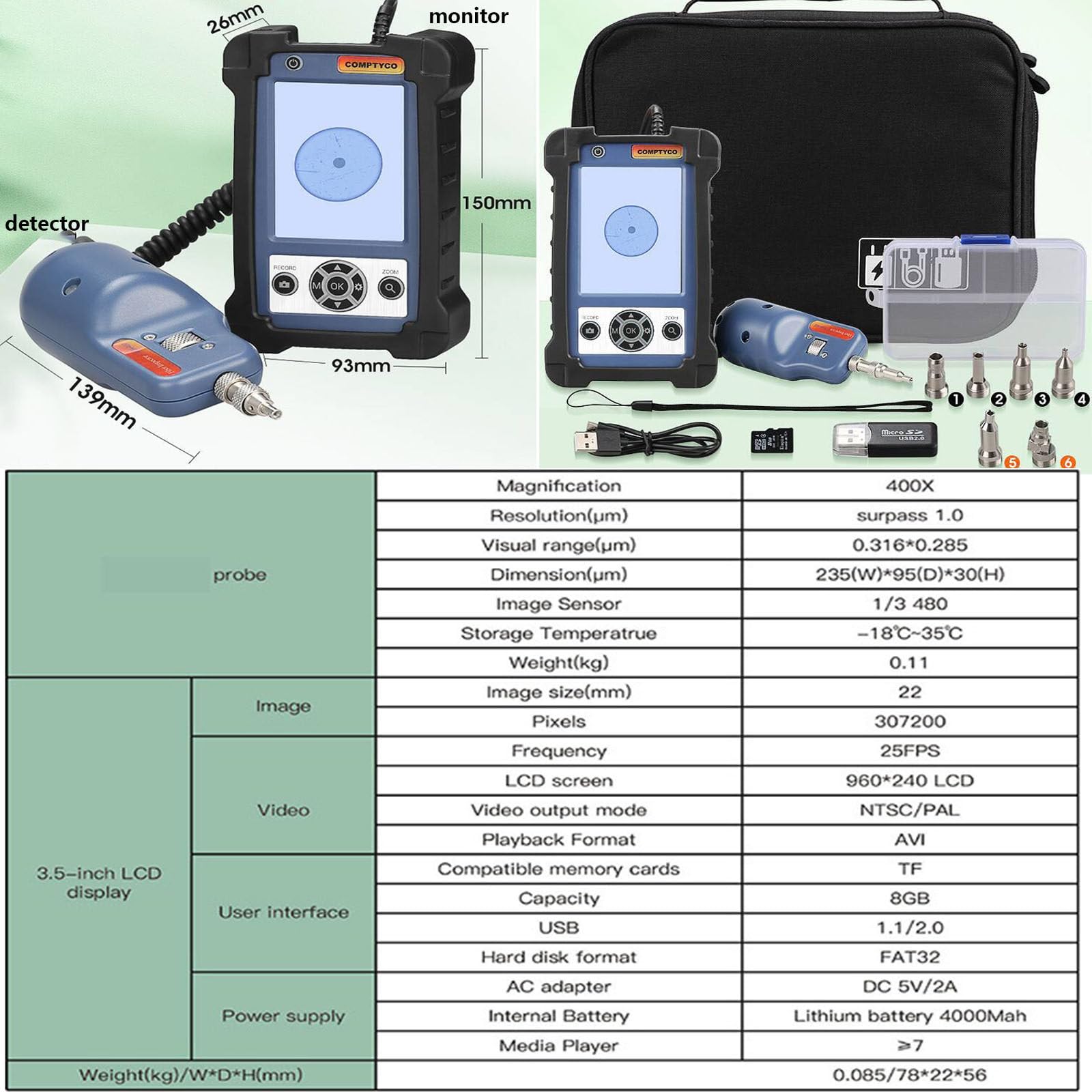Kit de limpieza de fibra óptica con pantalla LCD y múltiples puntas de conector para detección de extremos