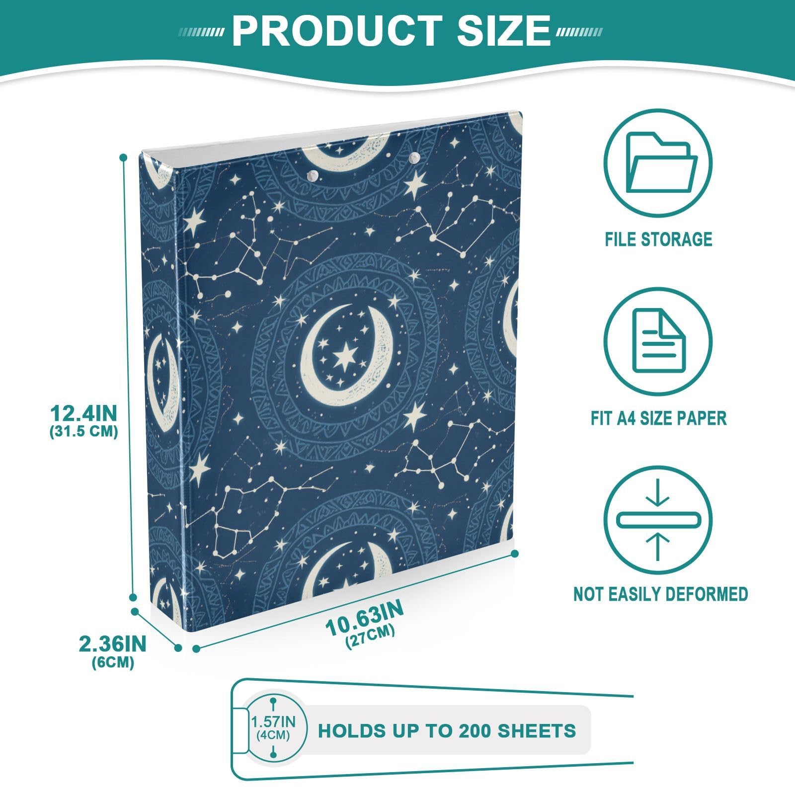 Boho Moon - Raccoglitori per quaderni da 2,5 cm e mezzo, con anelli a D, con tasche, confezione da 2 raccoglitori da ufficio, 200 fogli