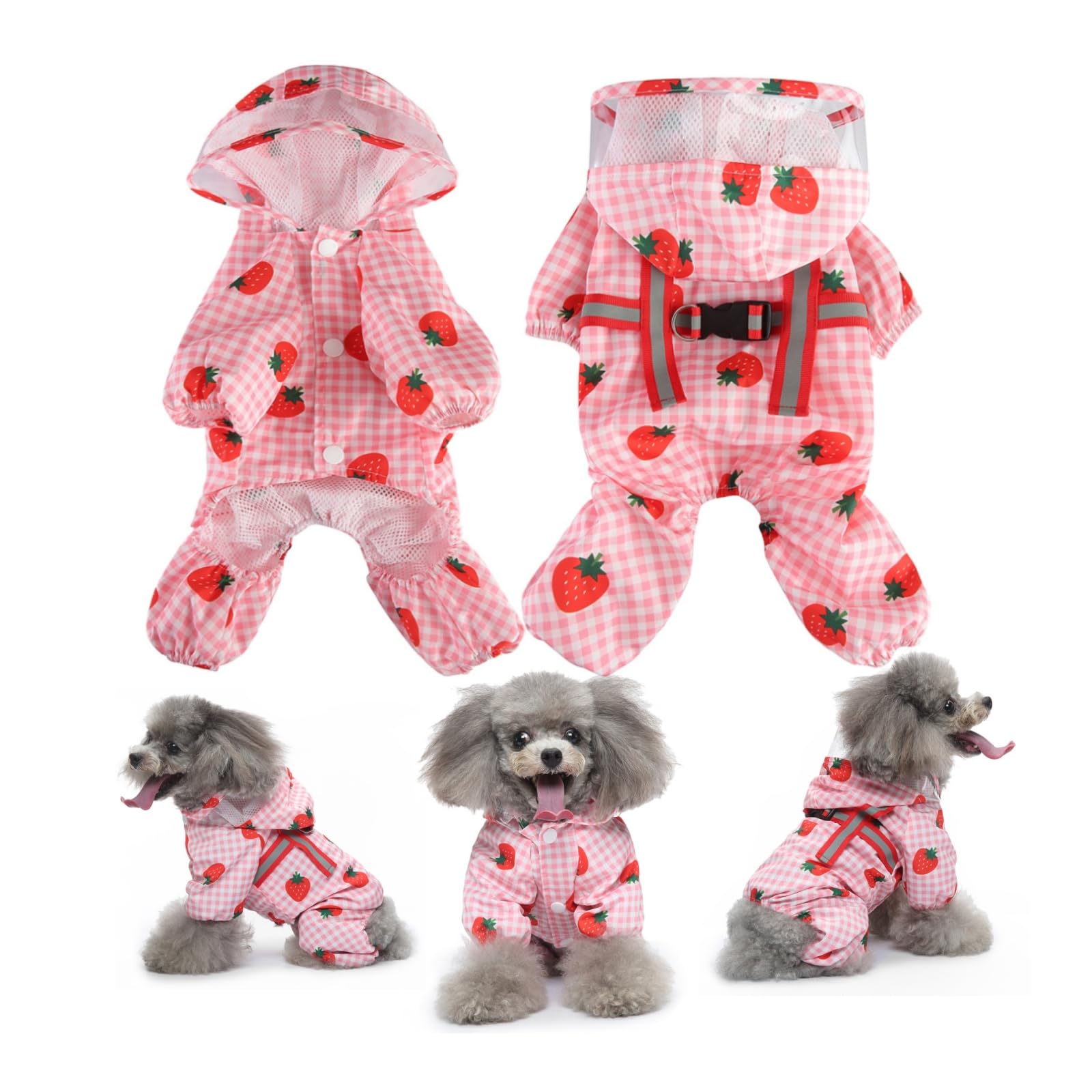 Dog Raincoat with Hood, Waterproof & Windproof Rain Jacket for Small Dogs Boy Girl, Packable, Adjustable, Funny Animal Pattern Raincoats with Legs 1.5kg to 8kg Available (Pink,L)