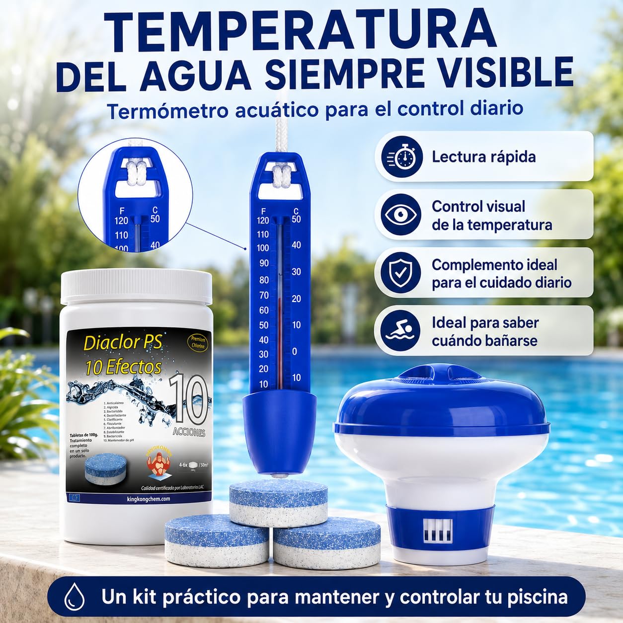 Kit Cloro Piscinas pequeñas DIACLOR PS 10 Efectos 1 KG (Pastillas 100 GR) Tratamiento Completo + DOSIFICADOR Grande + TERMÓMETRO