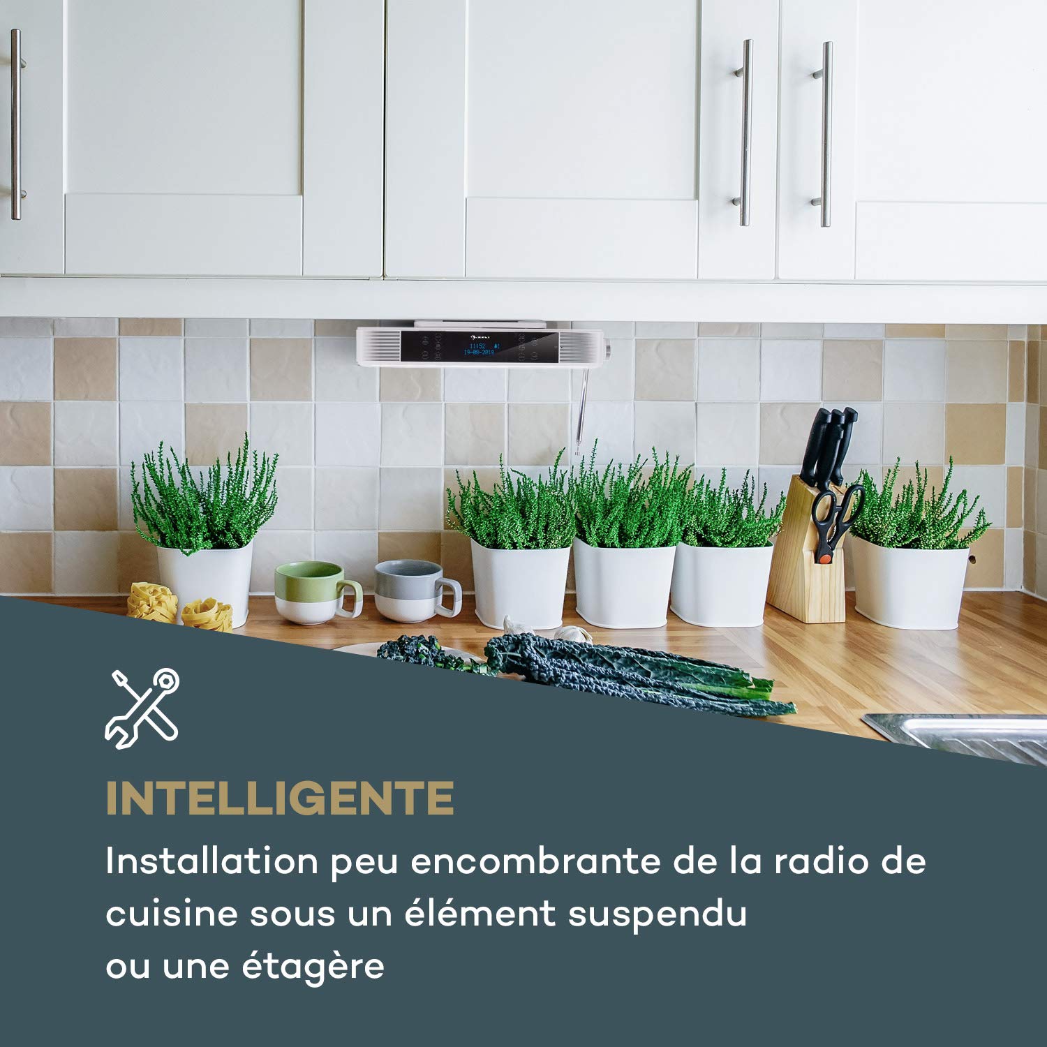 AUNA KR-140 - Radio de Cuisine encastrable, Bluetooth, Radio Dab+, 40 Stations programmables, 2x3W RMS, Écran Tactile, Mains-Libres, Éclairage LED, Minuterie de Cuisson - Blanc