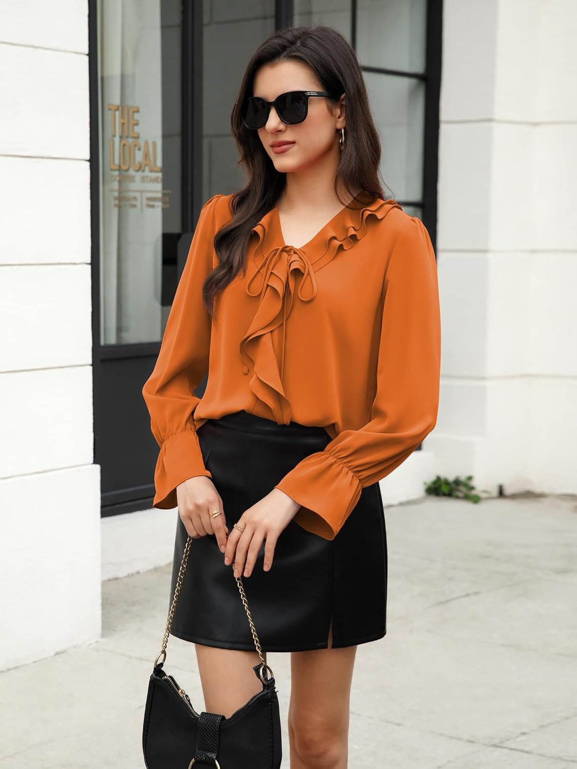 Funlingo Women's Long Sleeve Tops Dressy Casual V Neck Ruffle Tunic Chiffon Blouse Fall Trendy Work Shirts - Image 6