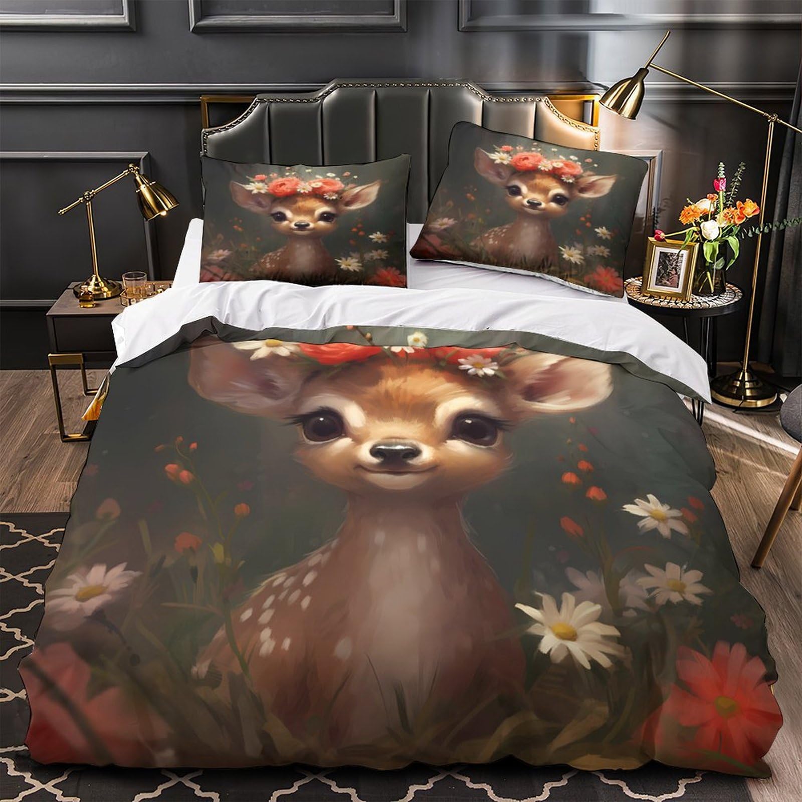 Housse de couette cerf 3D 140x200 cm avec 2 taies d'oreiller en microfibre pour lit simple