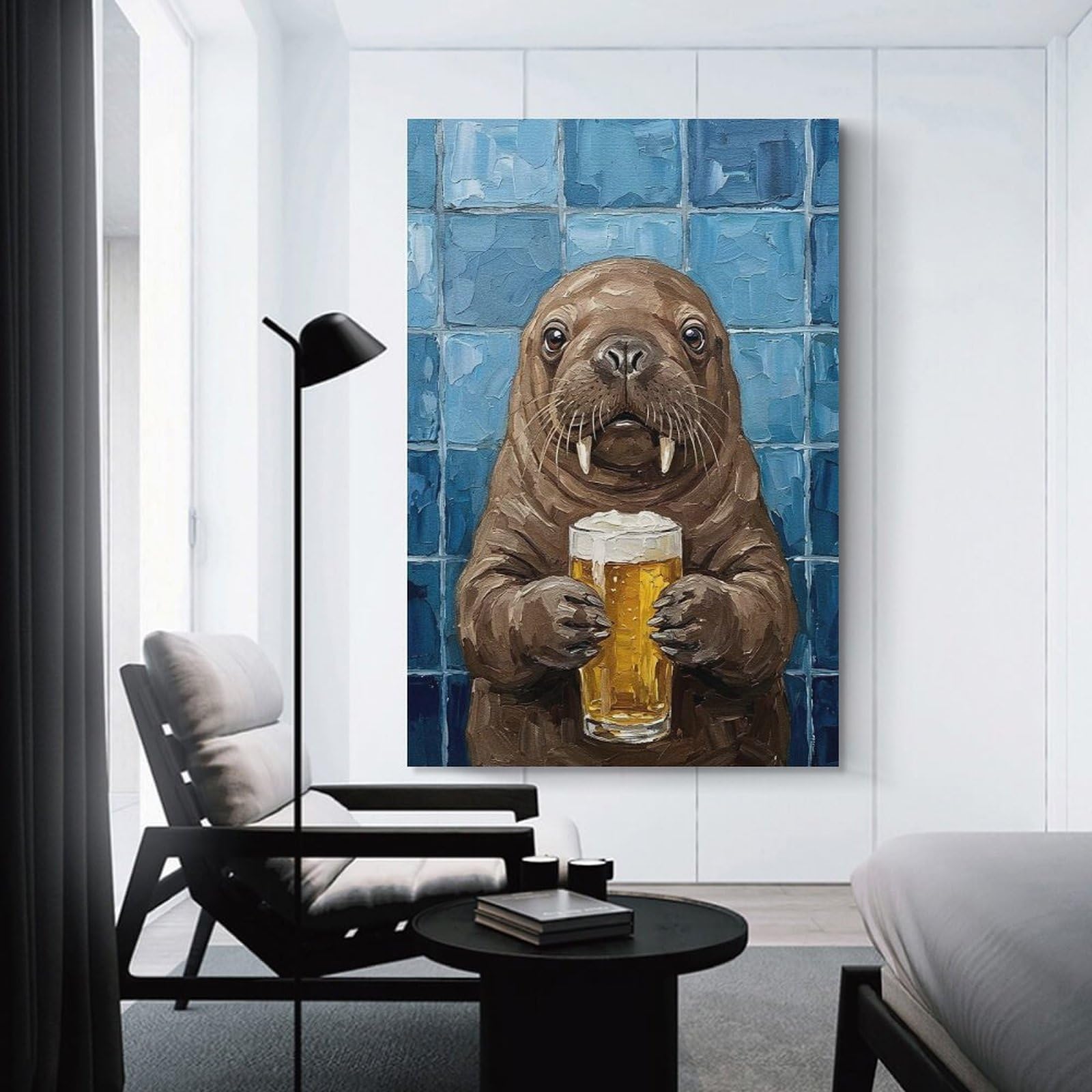 Junmoney Unframe-Style-2 Walrus With Beer Painting Wall Art Print, 24X36inch(60X90cm), For Corridors, Hallways Or Apartment Entries, Wall Decor To Refresh Empty Corners