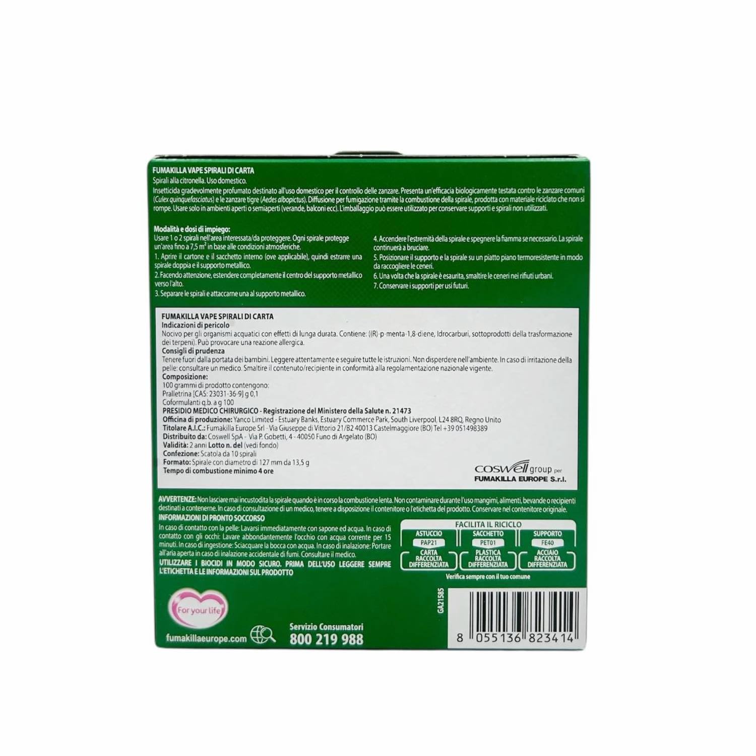 Vape Spirali Antizanzare in Carta alla Citronella Per Esterni, Resistenti E Facili Da Usare, Non Si Rompono, Lunga Durata 10 Pz (Unità)