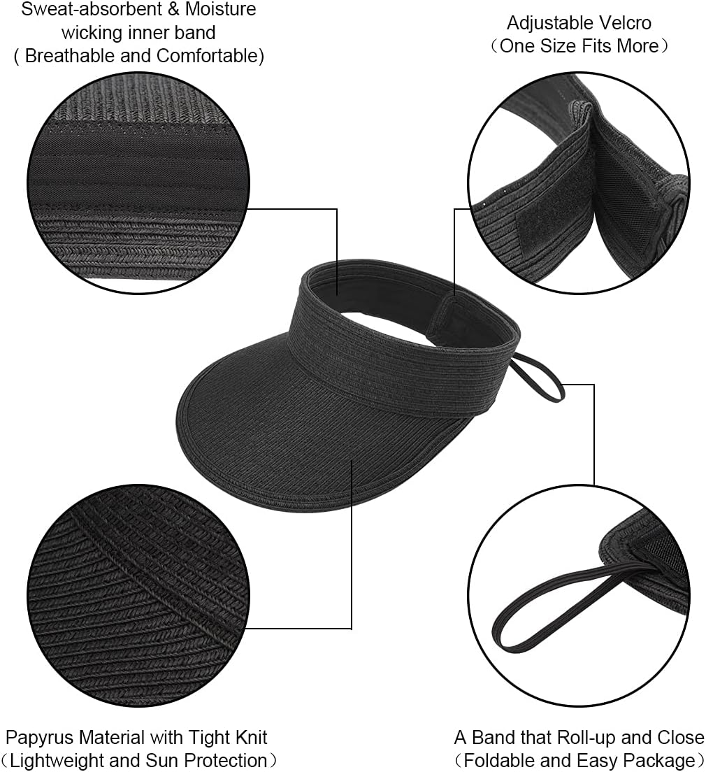 Sun Visor Hats Women Wide Brim Summer UV Protection Beach Cap Straw Hat Roll-up Foldable Sun Hats for Outdoors Black - Image 3