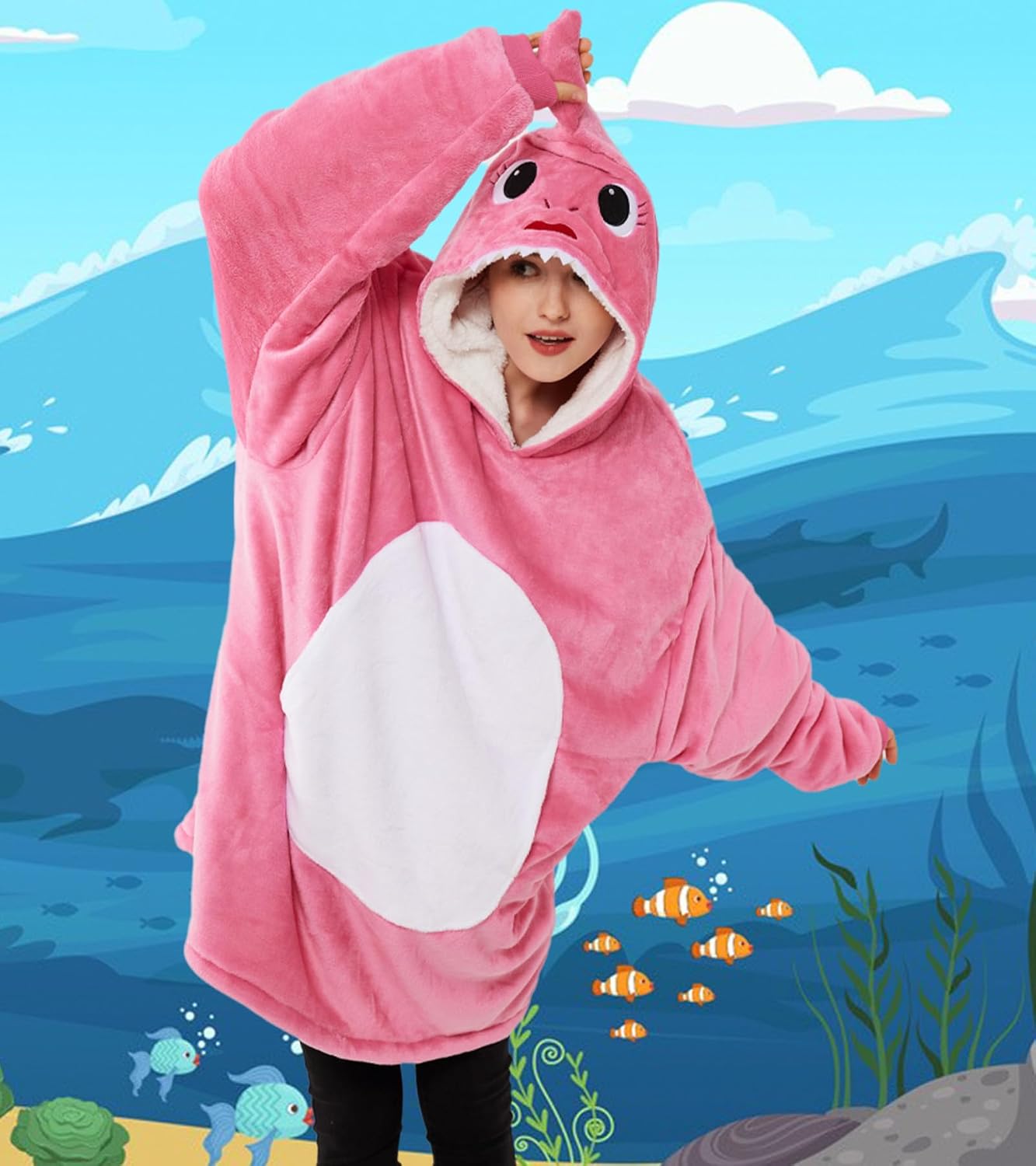 Markest Unisex Shark Hoodie Animal Cosplay Pullovers Oversized Flannel Sherpa Warm Comfy Loungewear Novelty Halloween Costume