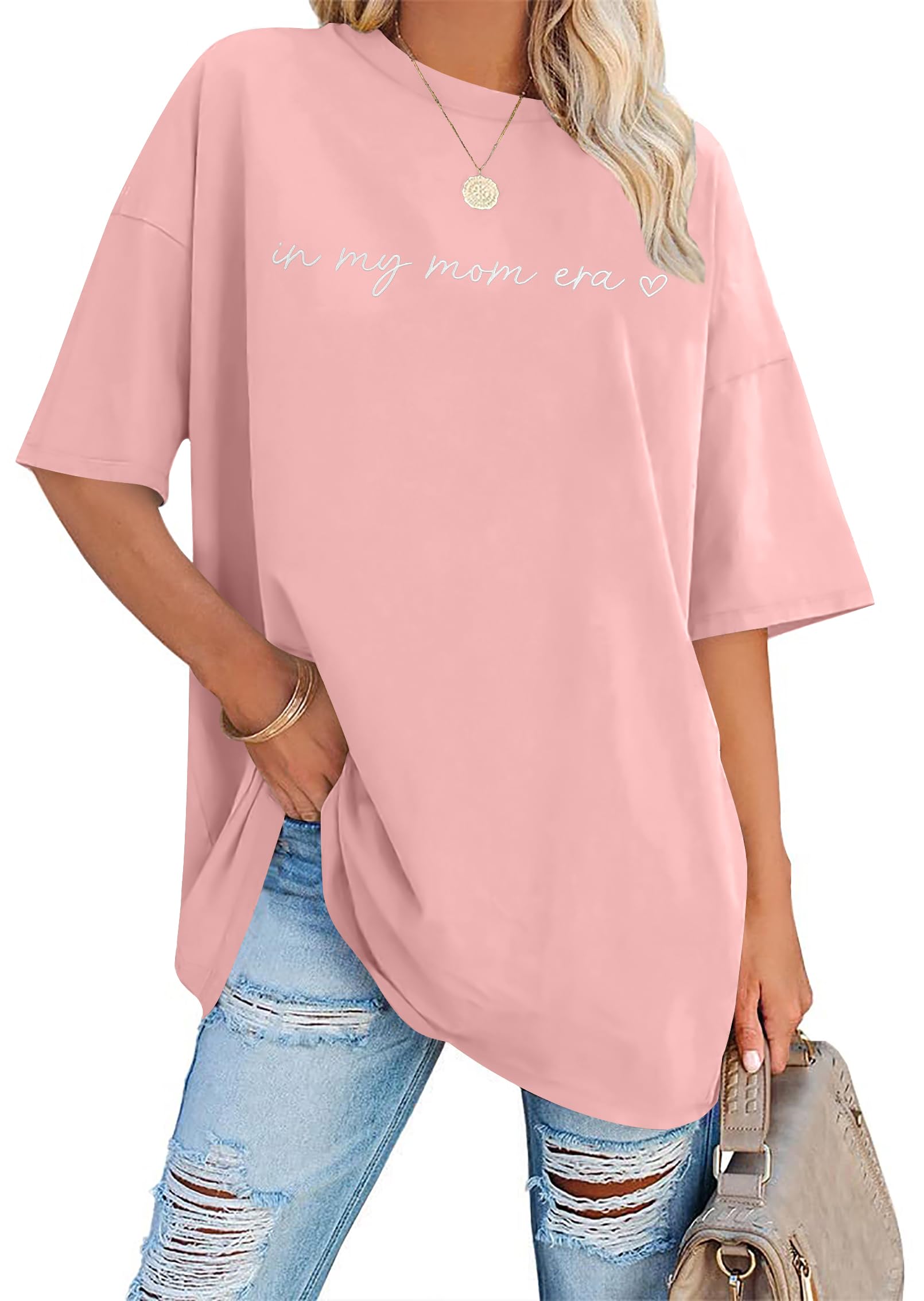 LAZYCHILD in My Mom Era Shirt Women: Oversized Embroidered Mama T-Shirt Mom Life Mother Gifts Tops