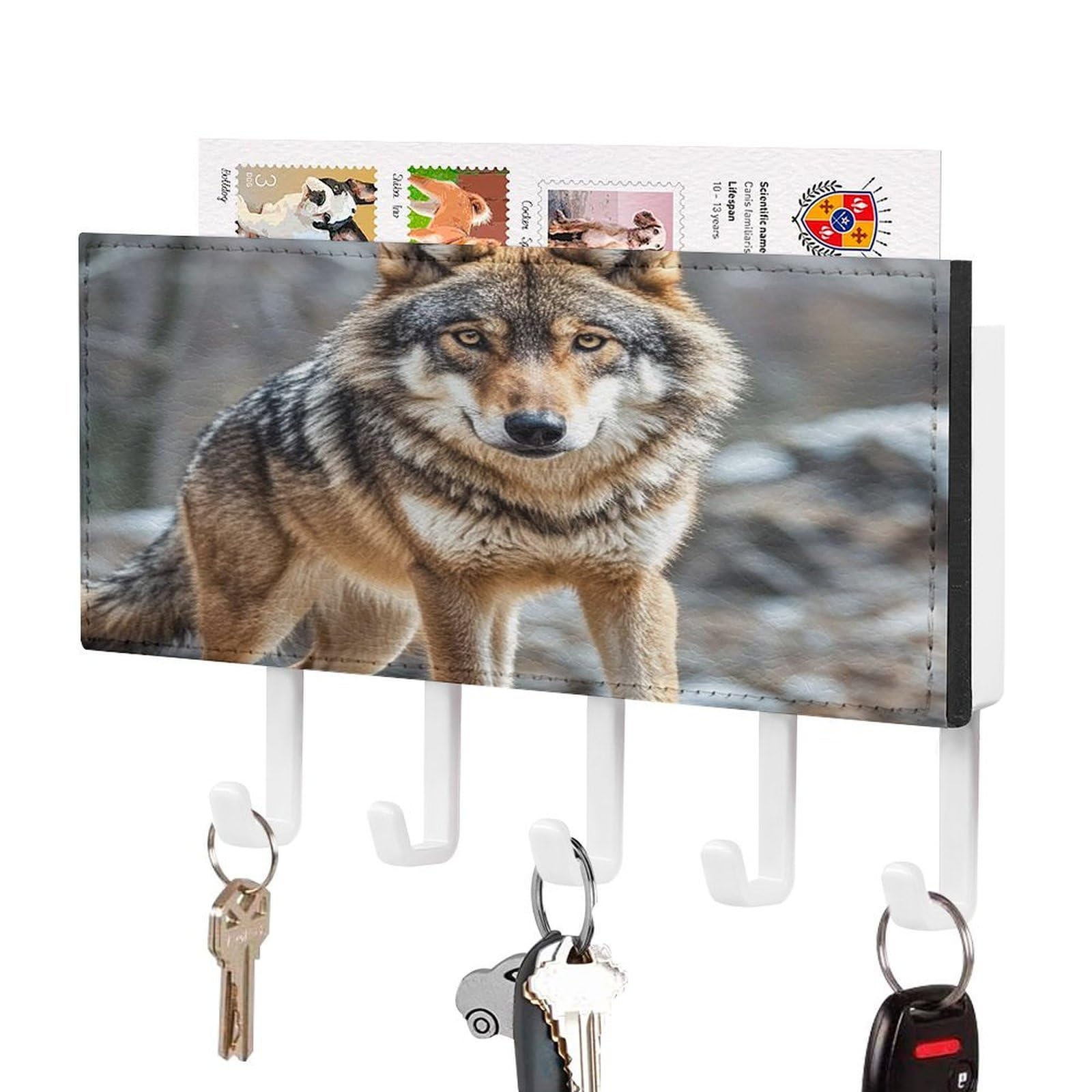 Lzqpoeas White-Style Wolf Key Holder Wall Mount With Mail Organizer Fashion Adhesive Key Hanger With 5 Hooks No Drill Pu Leather Key Organizer Rack For Entryway Kitchen Hallway Decor