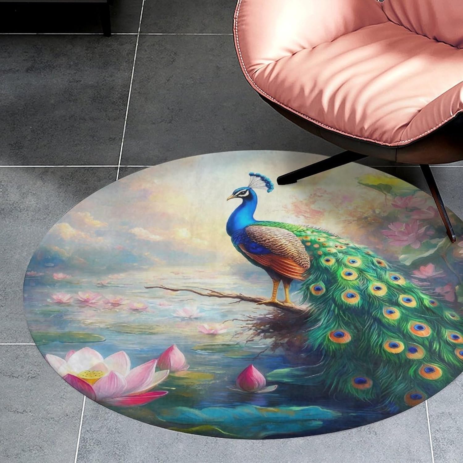 Peacock Floral Round Rugs Coral Fleece Area Rugs Floor Mats Home Circular Carpet for Living Rooms Bedroom