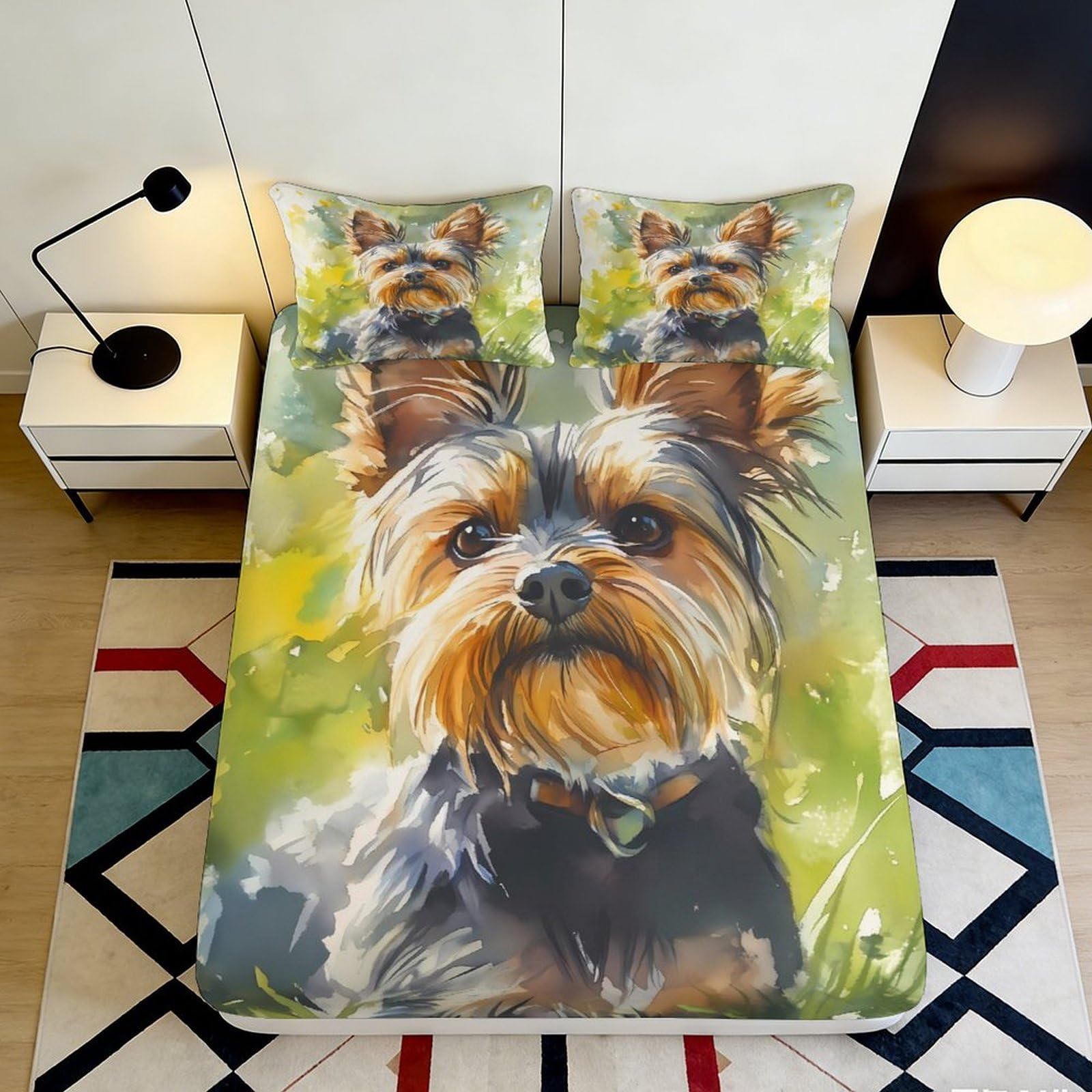 3D Printed Yorkshire Terrier Fitted Sheet Microfiber Soft Decor Dog Pattern Bed Cover for Bedroom Guest Room Dorm 90x200x25cm