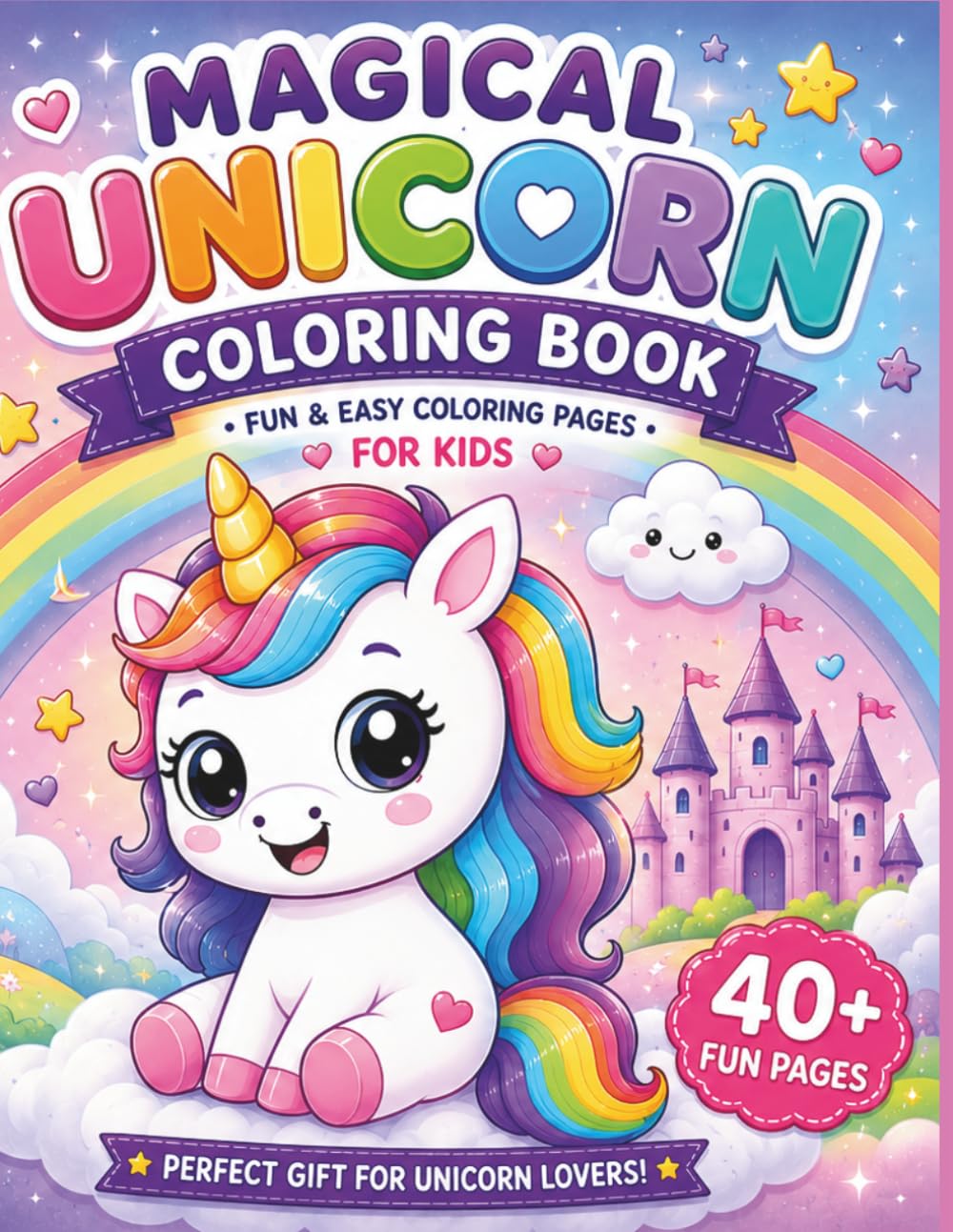 Magical Unicorn Coloring Book: Fun and Easy Coloring Pages for Kids Ages 3–8 | Cute Kawaii Unicorns, Rainbows, Cupcakes, Hearts and Magical Adventures