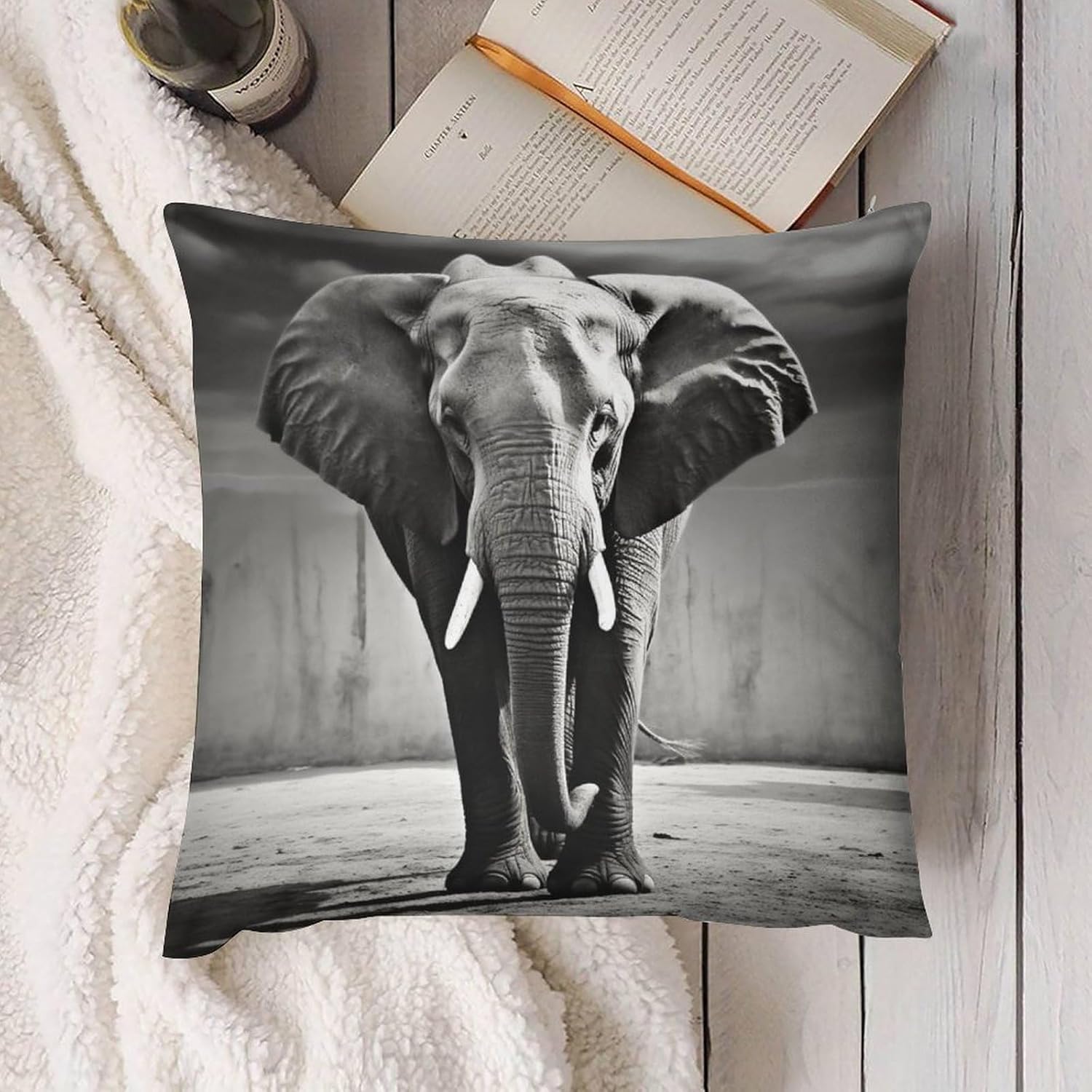 Zippered Pillow Cover, Pillow Protector, Black and White Elephant Printed Pillow Cover of 4, Pillow Not Included