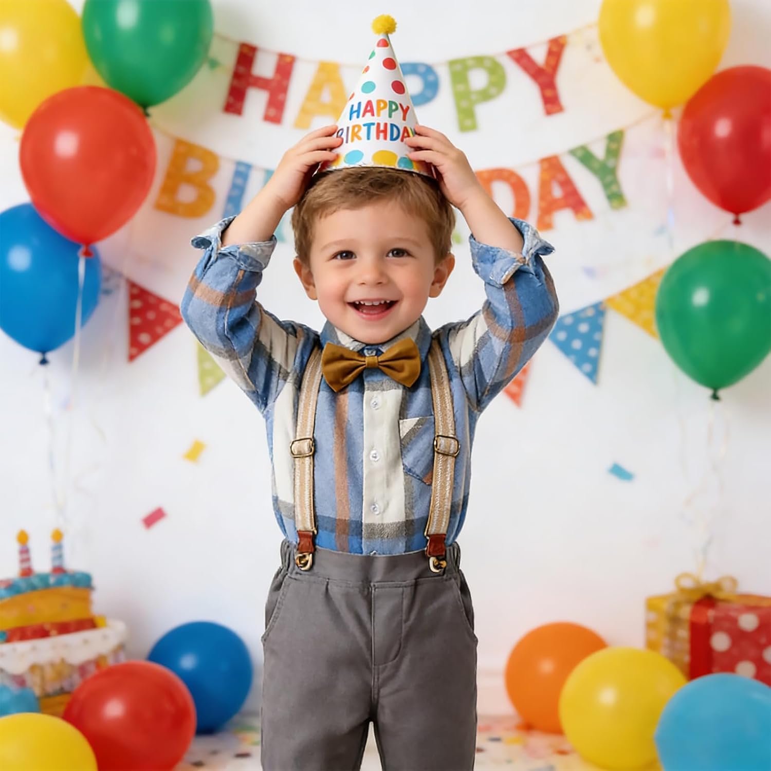 Kunyeah Boy Gentleman Plaid Outfits Toddler Long Sleeve Shirt with Bow Ties Suspenders Pants Kid Dress Suit for 1-6 Years - Image 2