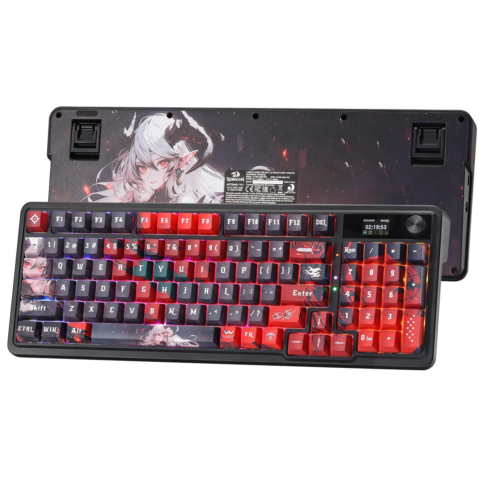 Redragon K719 PRO Wireless Gasket Gaming Keyboard w/Hype Screen & Knob, 95 Keys Mechanical Keyboard, Easy-Control 1.14’’ TFT Info Display, 5-Layer Noise Dampening, Custom Linear Switch, Anime Edition Ember Queen