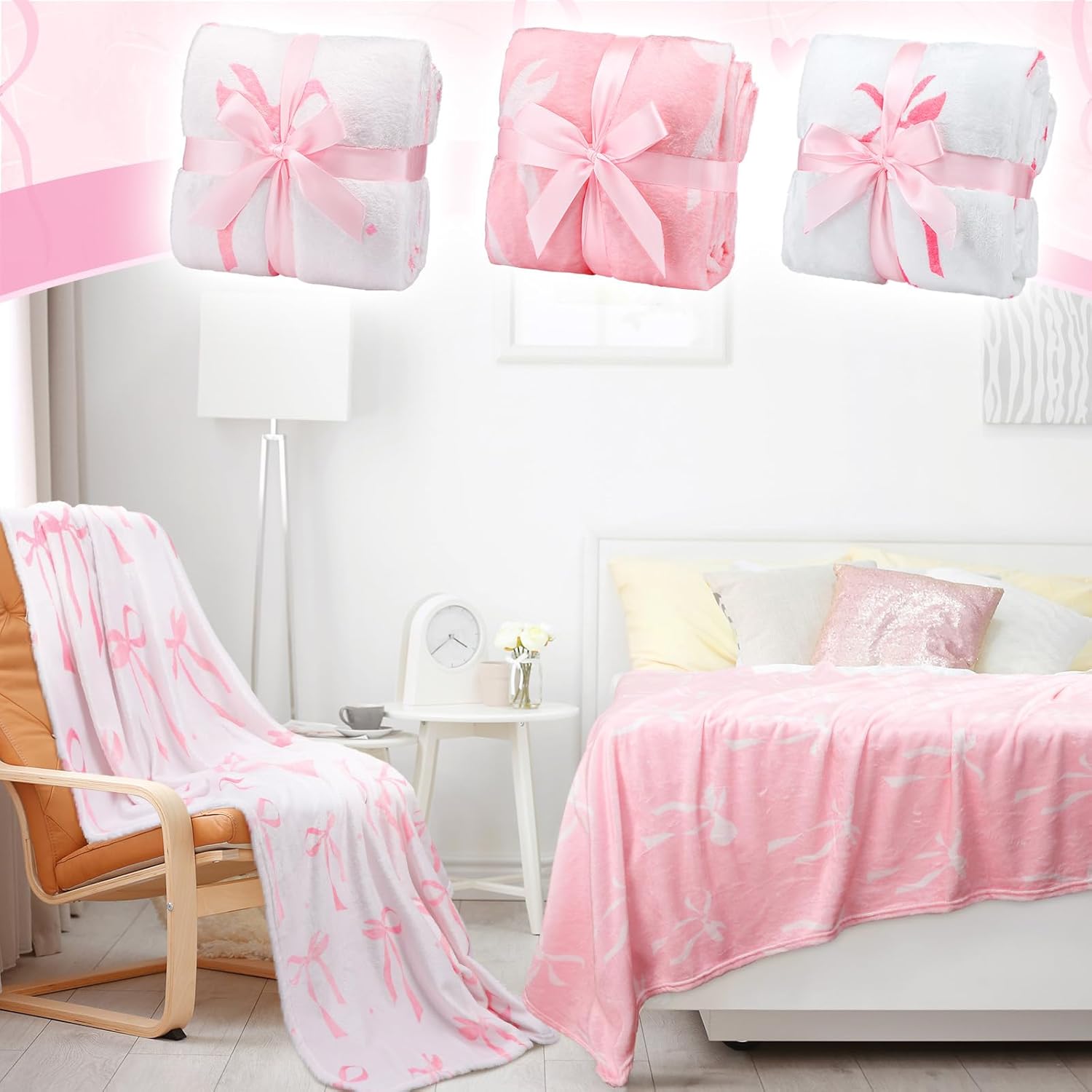 Buryeah 6 Pcs Pink Bow Throw Blanket Coquette Pink and White Preppy Sleepover Blanket 40"x 60" Flannel Soft Decor Lightweight Aesthetic Plush Room Decor for Sofa Couch Travel Bed Christmas Decoration