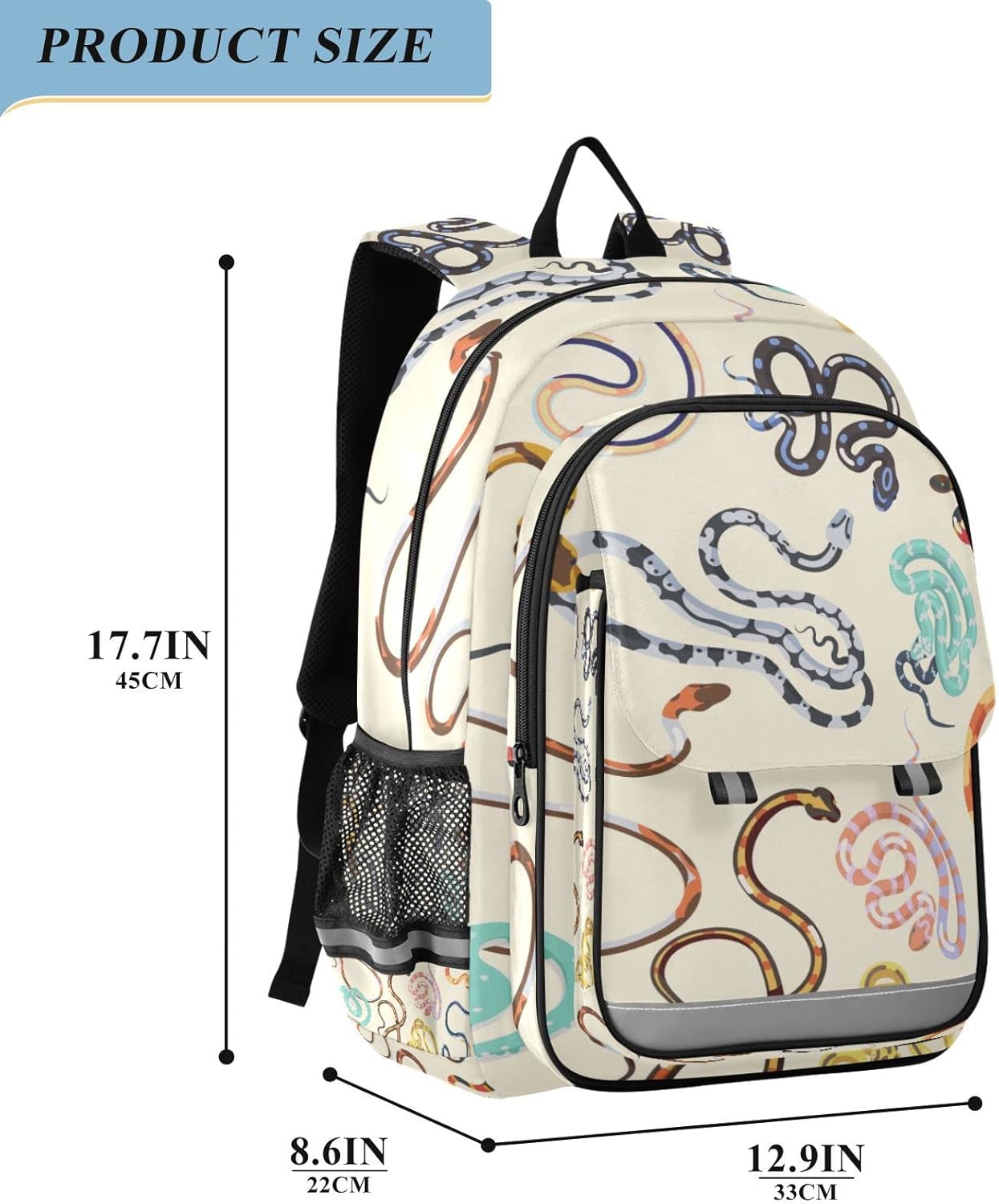 Colorful Snakes Backpack Lightweight Laptop Backpack School Bag Student Travel Daypack with Reflective Stripes