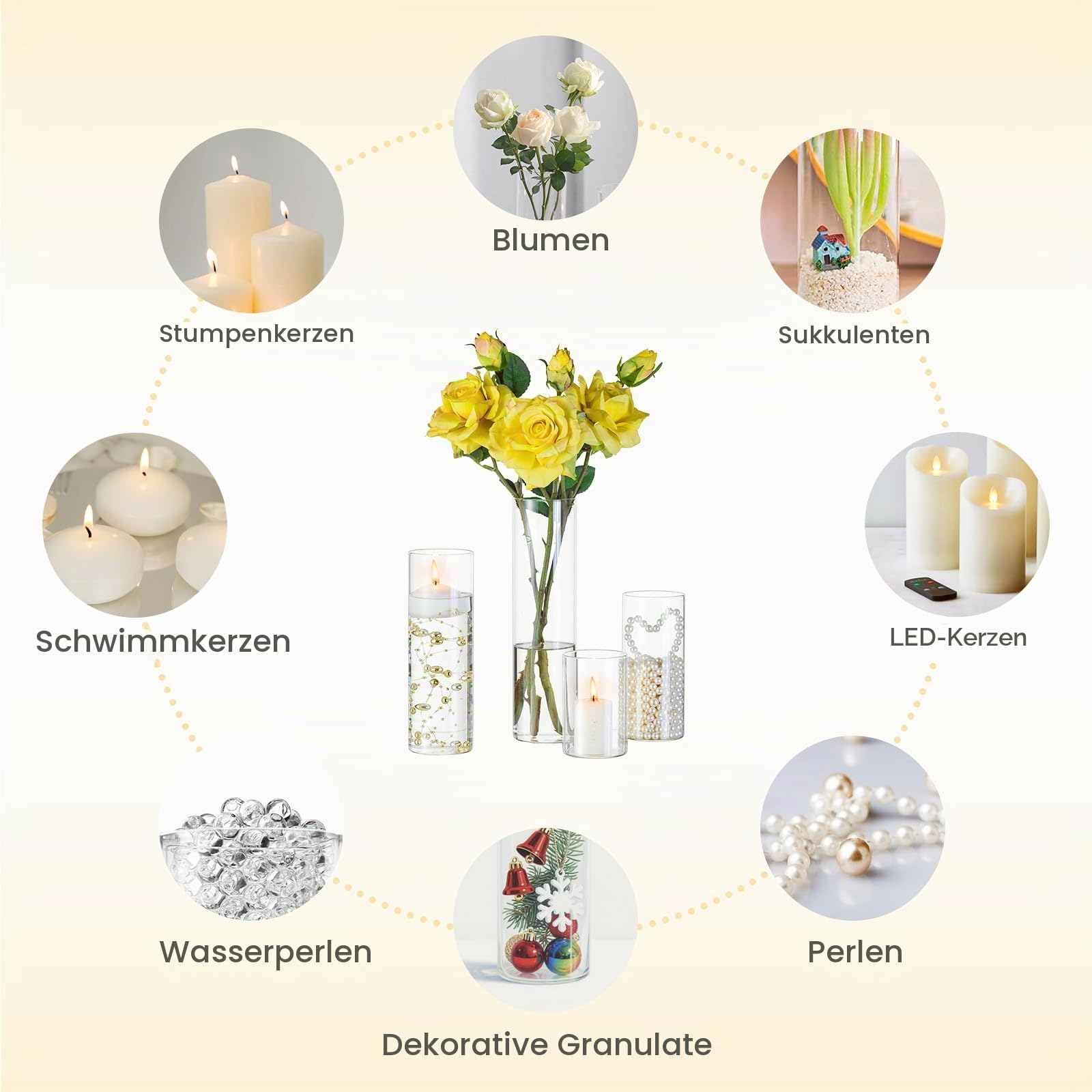 Hewory 12 Kerzengläser mit Goldperlen Glasvase für Tischdeko Windlicht | Hitzeglas, 4 Höhen, Klare Glaszylinder für Kerzen mit Boden, Zylindervasen Set für Hochzeit Outdoor Deko Weihnachten