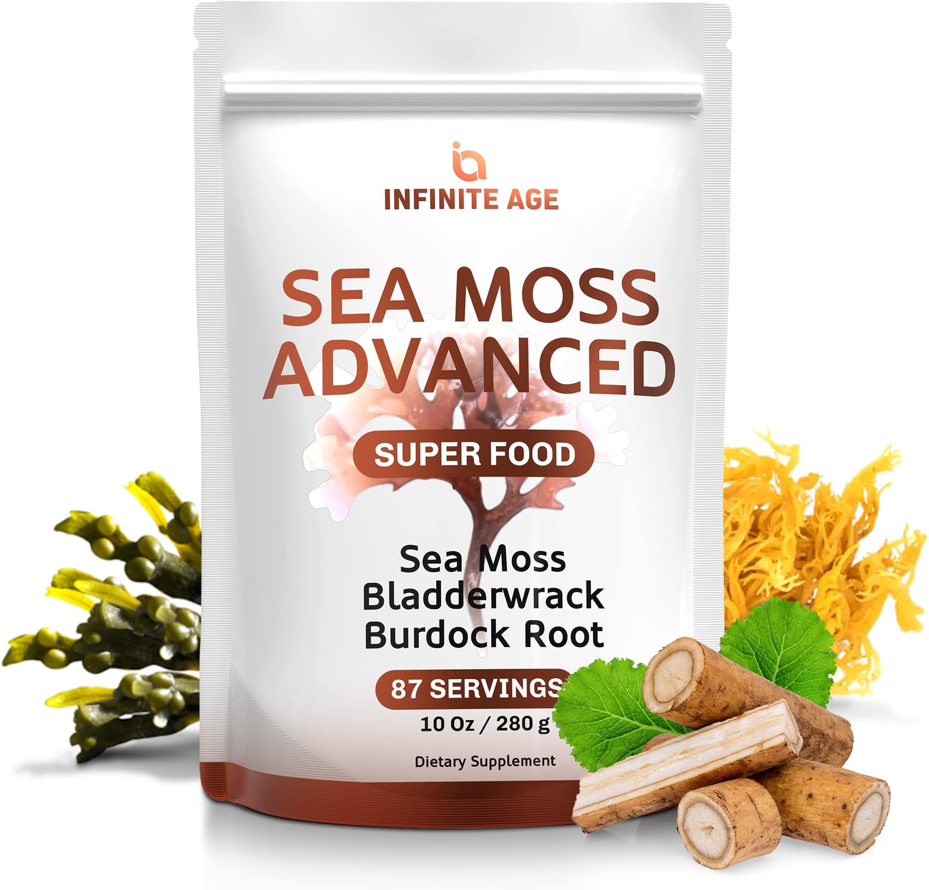 Infinite Age Sea Moss Powder with Bladderwrack & Burdock Root - Derived from Wlidcrafted Irish Sea Moss Organic Raw – For Skin, Thyroid, Joint & Immunity Support - Superfood Vitamin Powder Blend, 10oz