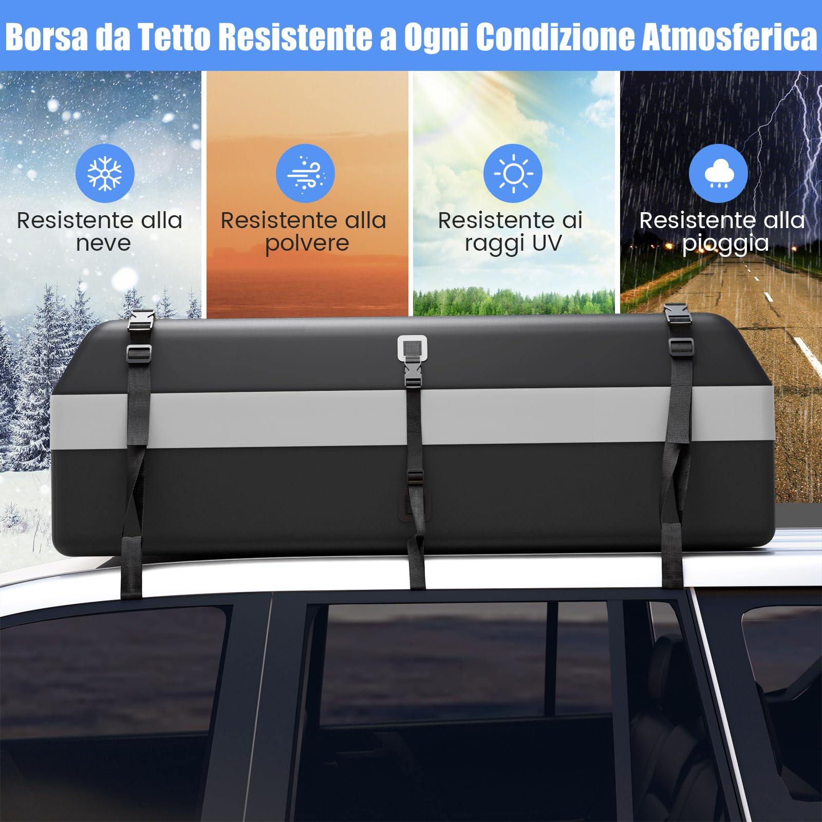 COSTWAY Borsa da Tetto per Auto Impermeabile 21Cu.Ft/595L, Box Tetto Universale con Tappetino Antiscivolo+ 12/14 Cinghie+ 6 Ganci, Sacca per Auto con/senza Barre Portapacchi (Grigio, 21Cu.Ft/595L)