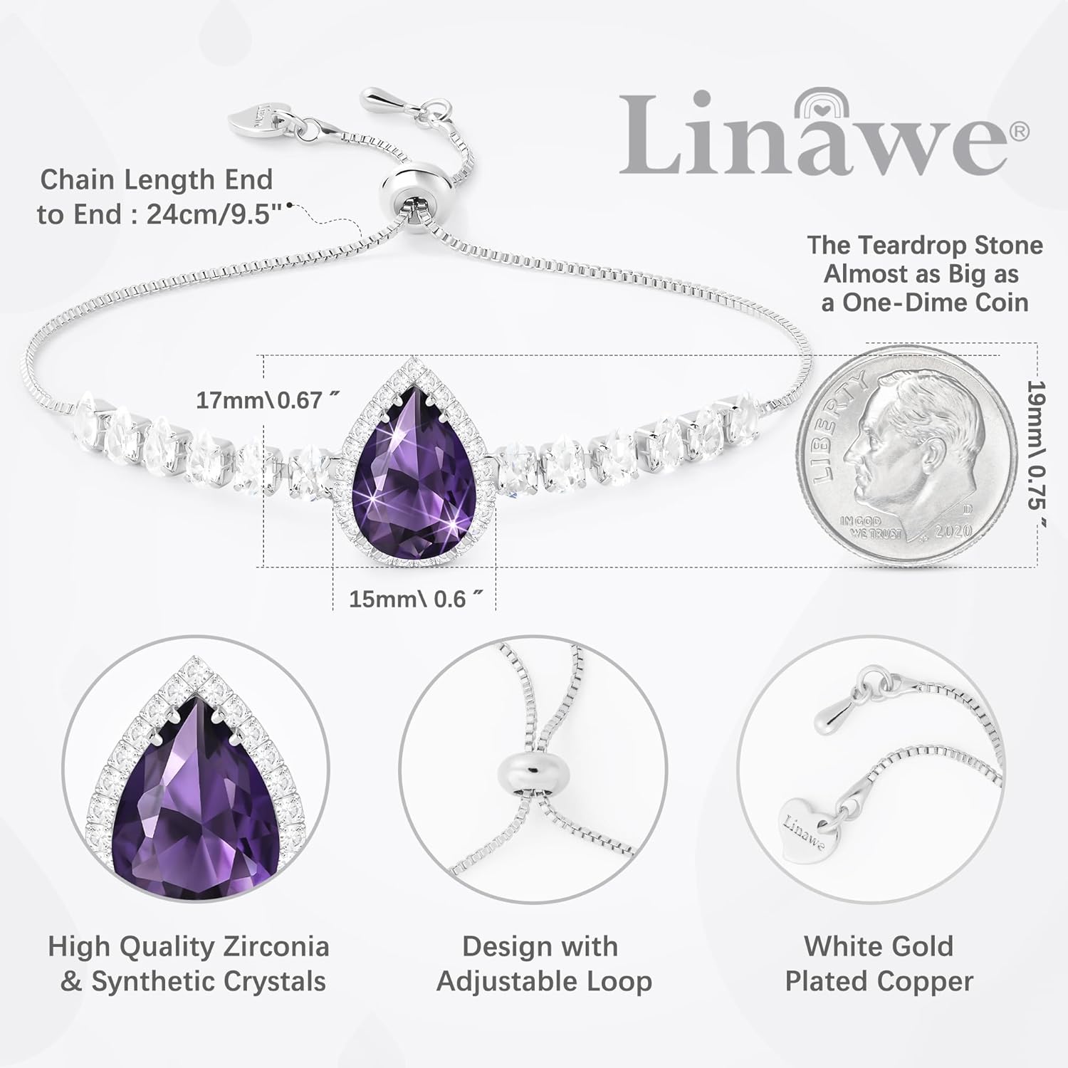 Linawe Crystal Imitation Diamond Rhinestone Charm Bracelets for Women, Gold/Silver/Rose Gold Adjustable Chain Bracelet, Teardrop Birthstone Cubic Zirconia Prom Costume Wedding Jewelry - Image 2