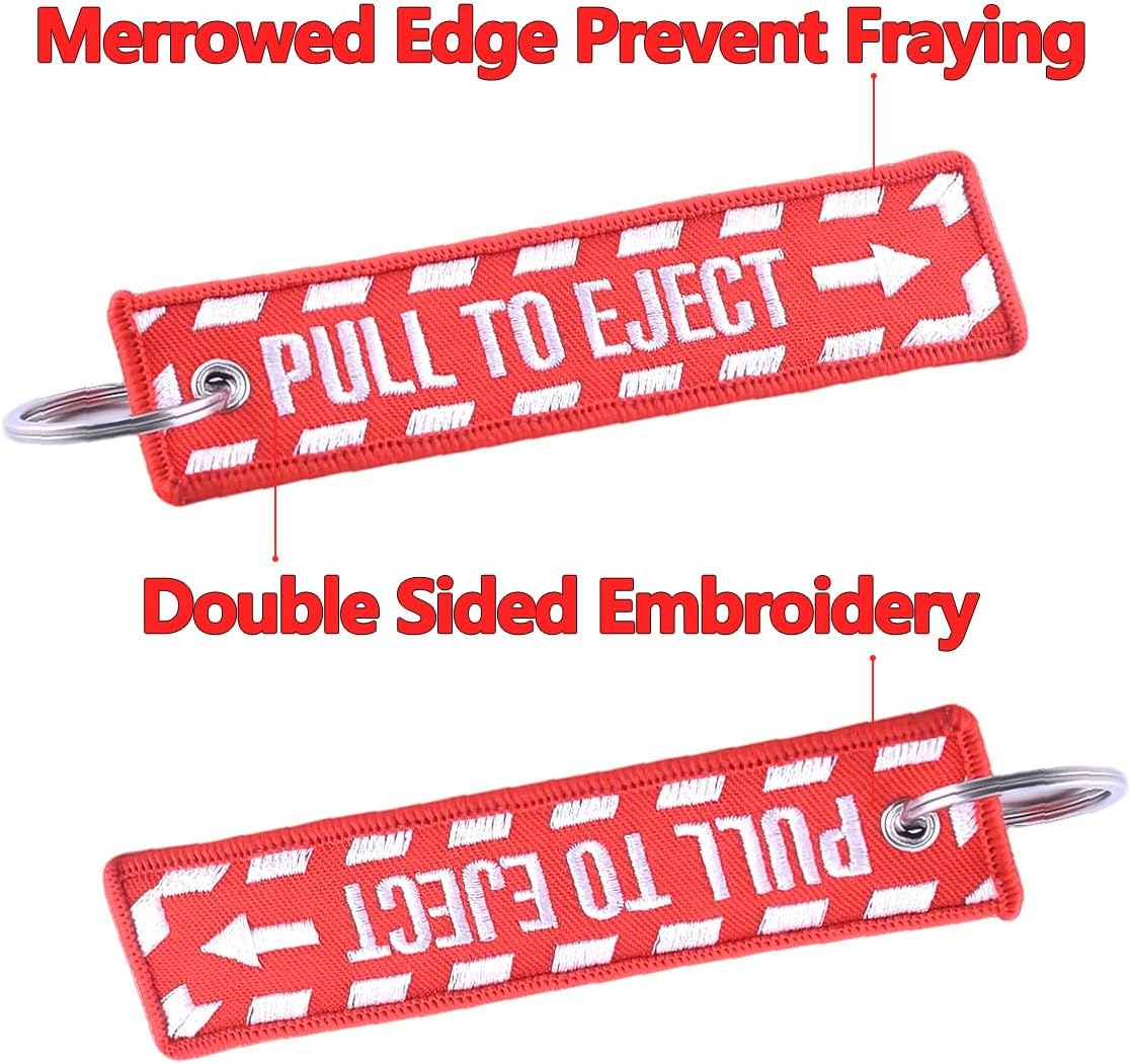 2 Pack Pull to Eject Keychain Embroidered Letters, Double Sided Jet Tag with 304 Stainless Steel Key Ring, Red White Durable Fabric Strap for Jeep Car Motorcycle Keys Backpack, 5 x 1.2 inches
