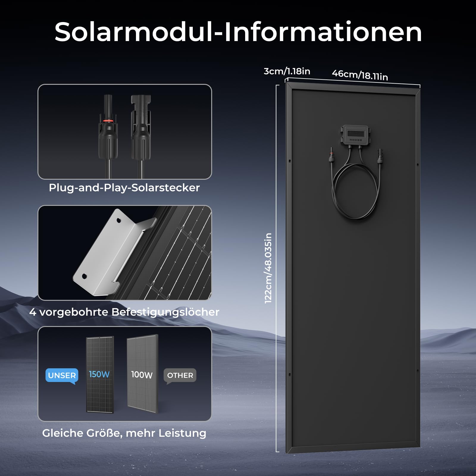 150W 12V Monokristallines Solarpanel, 150W Solarmodul Ideal zum Aufladen von 12V Batterien, für Wohnmobil, Garten, Camper, Boot und Dach des Hauses(Schwarz)
