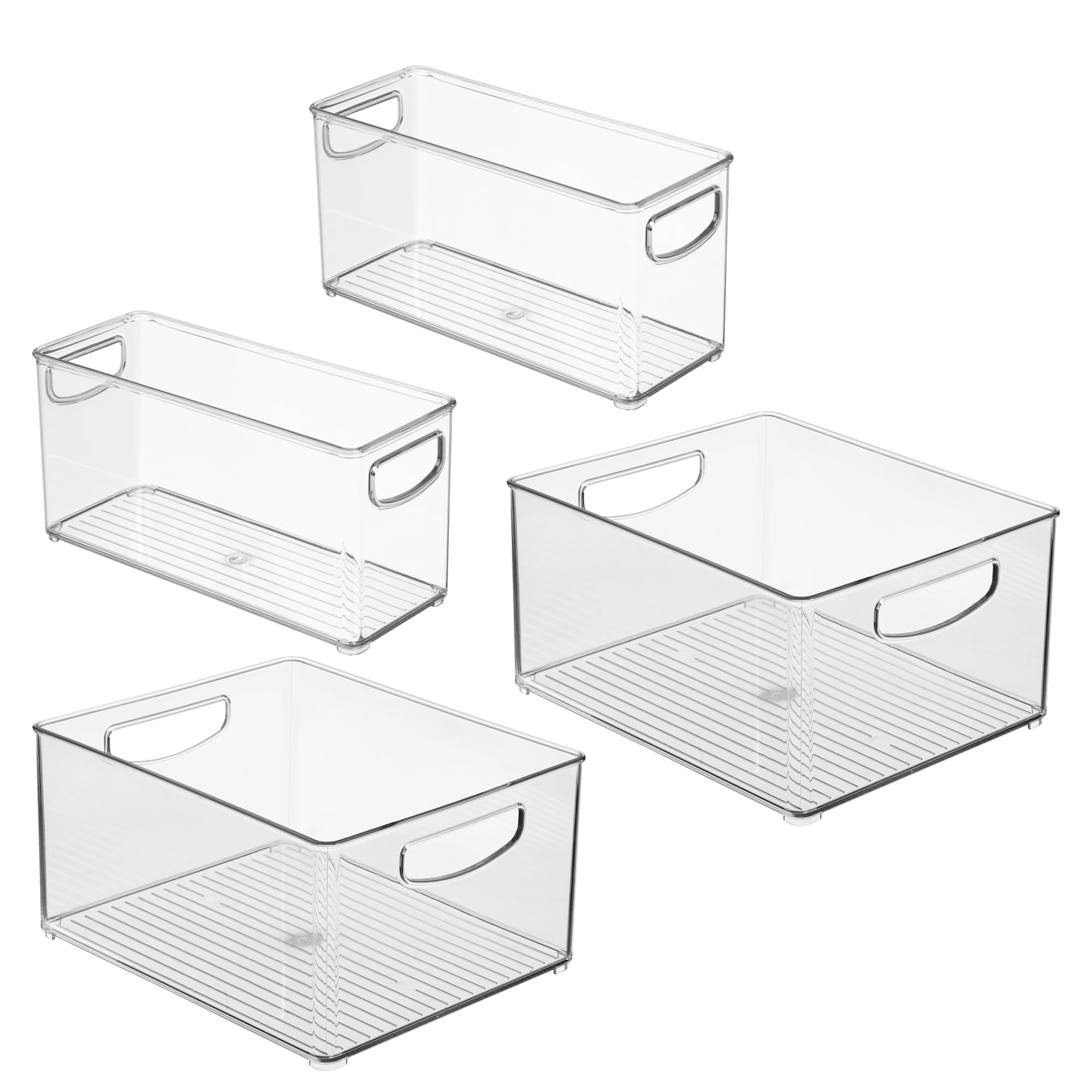 iDesign Juego de 4 organizadores de plástico reciclado al 50% para organizar la despensa y el armario, fabricados en USA; Juego de 4 contenedores en 2 tamaños, transparente