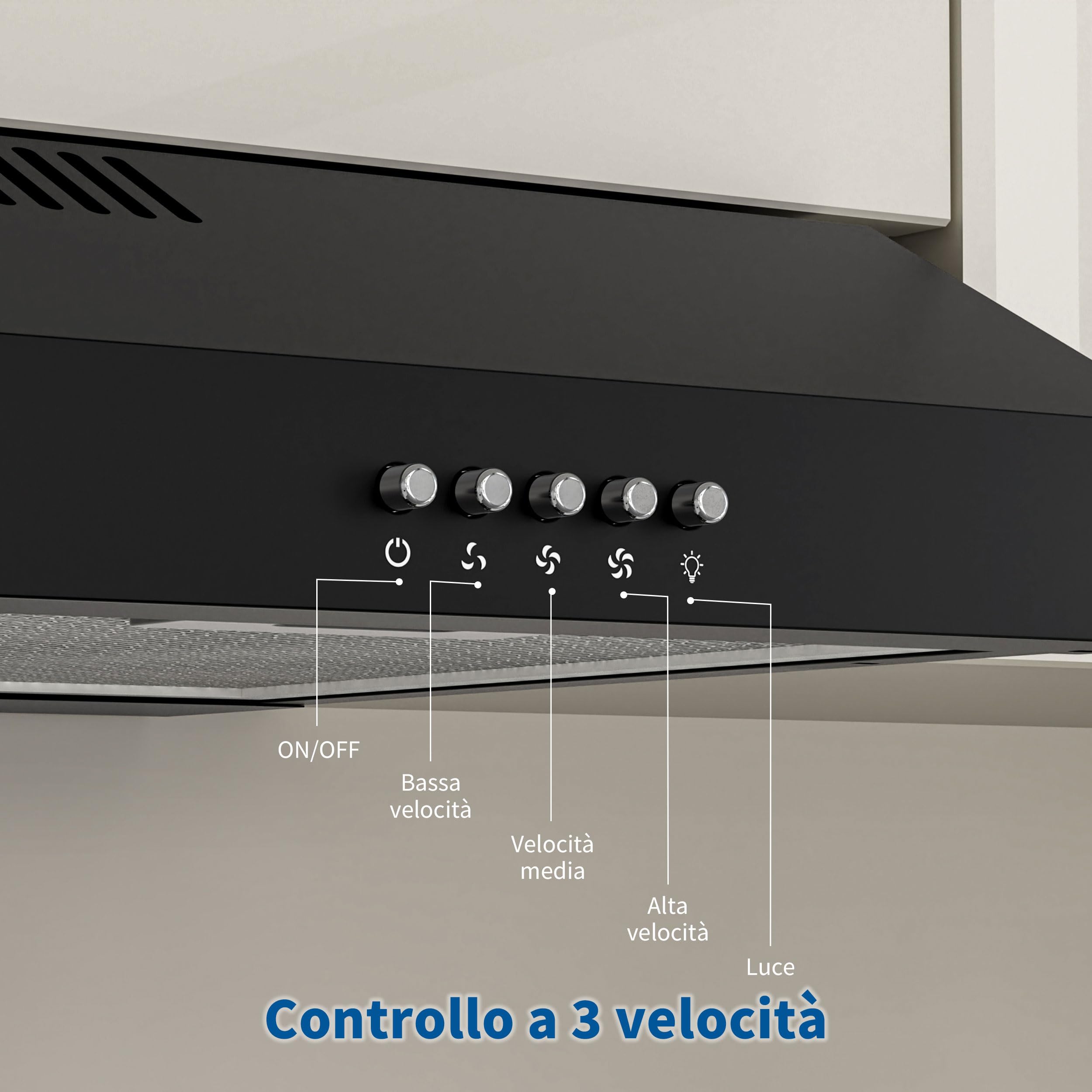 FIREGAS A+, cappa aspirante, 60 cm, scarico e ricircolo, 3 livelli di potenza, filtro al carbone incluso, silenzioso ed efficiente dal punto di vista energetico, illuminazione a LED, colore nero