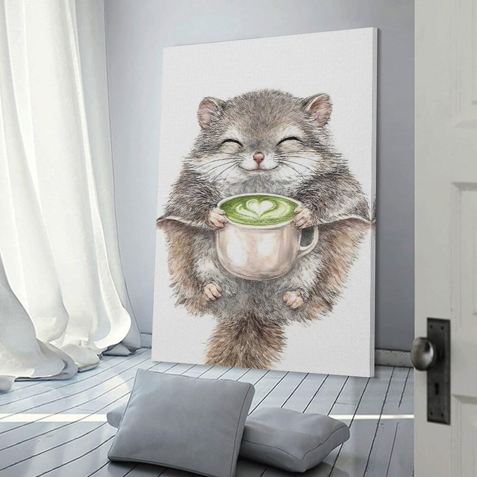 Junmoney Cute Squirrel Holding Matcha Latte Wall Decor Canvas Print, 24x36inch(60x90cm), for Living Room, Lounge Or Sitting Room, Easy Decor for Gallery Walls